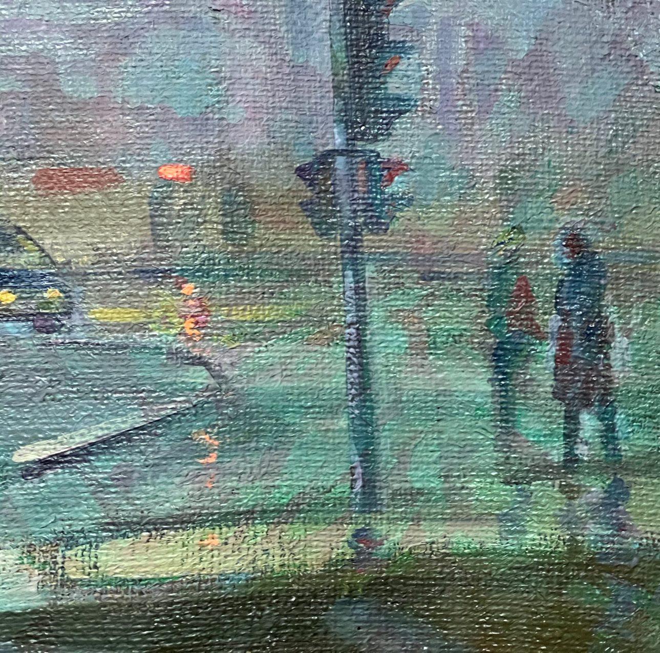 Near the Traffic Light, Cityscape, Original oil Painting, Ready to Hang For Sale 2