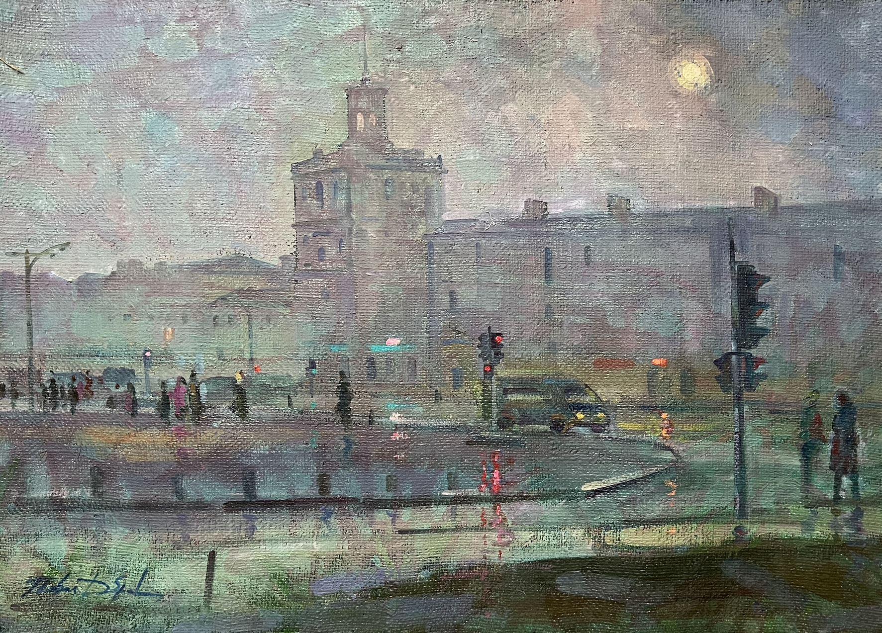 Landscape Painting di Peter Tovpev - Vicino al semaforo, Paesaggio urbano, Pittura ad olio originale, pronta da appendere