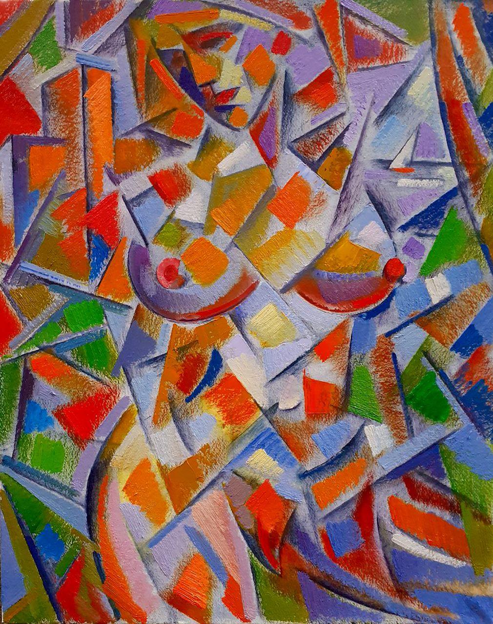 Artist: Peter Tovpev
Work: Original oil painting, handmade artwork, one of a kind 
Medium: Oil on Canvas 
Year: 2022
Style: Cubism
Title: Nude Woman
Size: 36.5