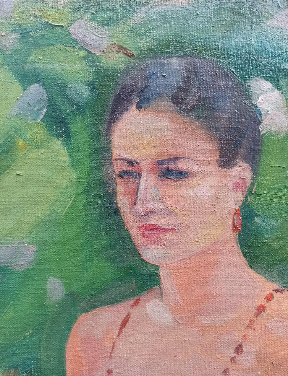 Artist: Peter Tovpev
Work: Original oil painting, handmade artwork, one of a kind 
Medium: Oil on Canvas 
Year: 2022
Style: Post Impressionism
Title: Portrait of a Girl
Size: 33.5