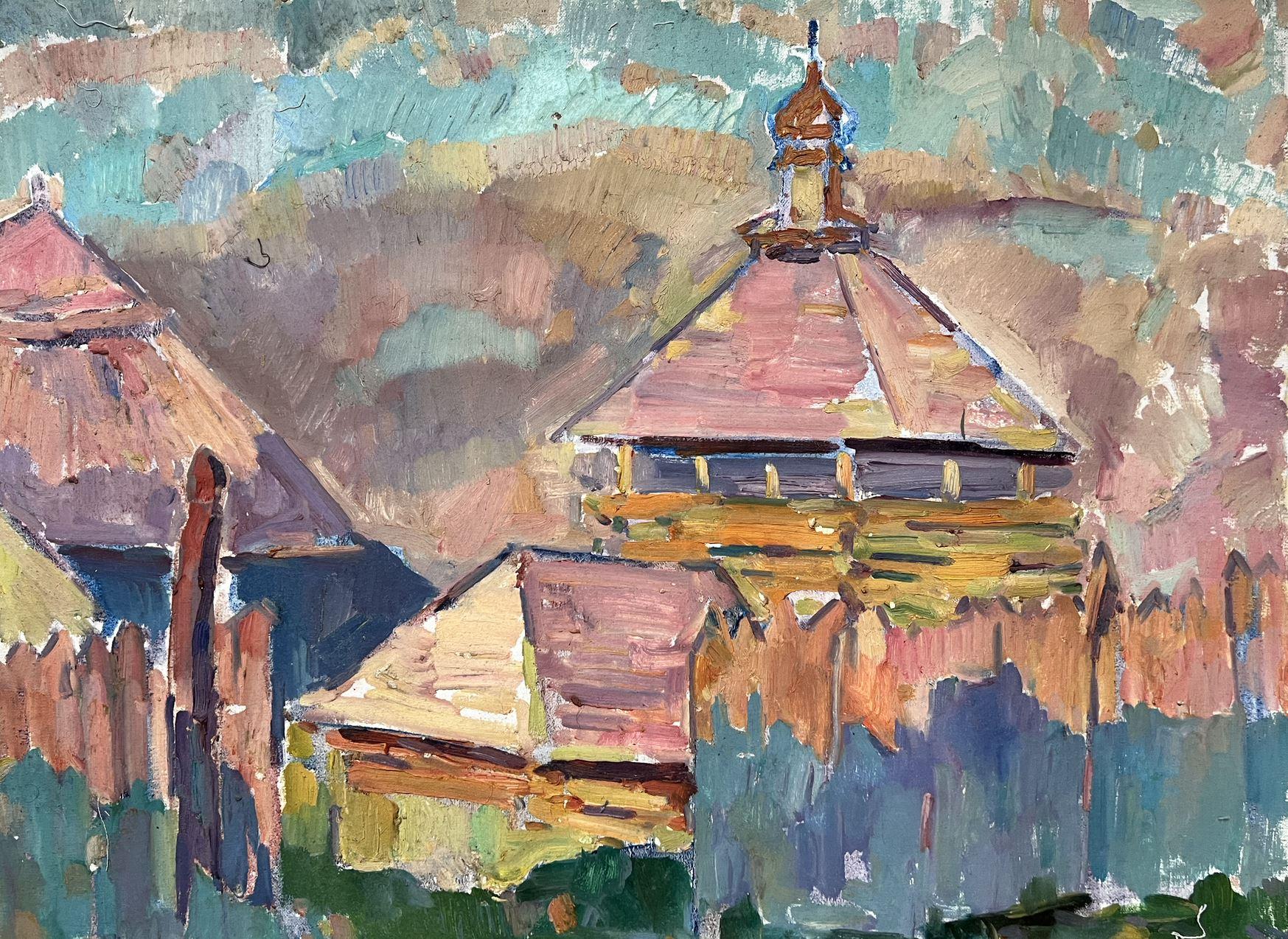 Peter Tovpev Landscape Painting - Roofs of Houses, Original oil Painting, Ready to Hang