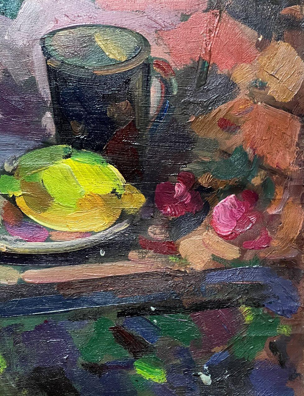 Stillleben für Tee, Blumen, Original-Ölgemälde, hängefertig – Painting von Peter Tovpev