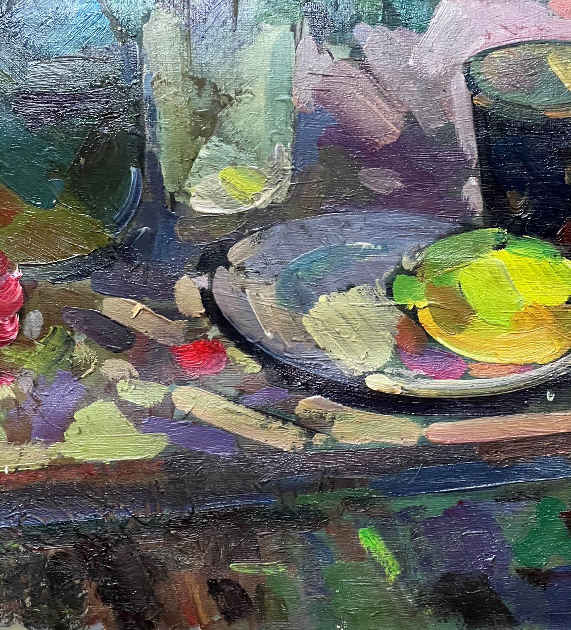 Stillleben für Tee, Blumen, Original-Ölgemälde, hängefertig (Impressionismus), Painting, von Peter Tovpev