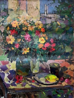 Still Life for Tea, Flowers, Original oil Painting, Ready to Hang