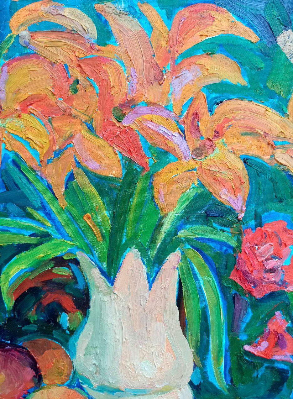 Still Life with Lilies, Flowers, Original oil Painting, Ready to Hang For Sale 4