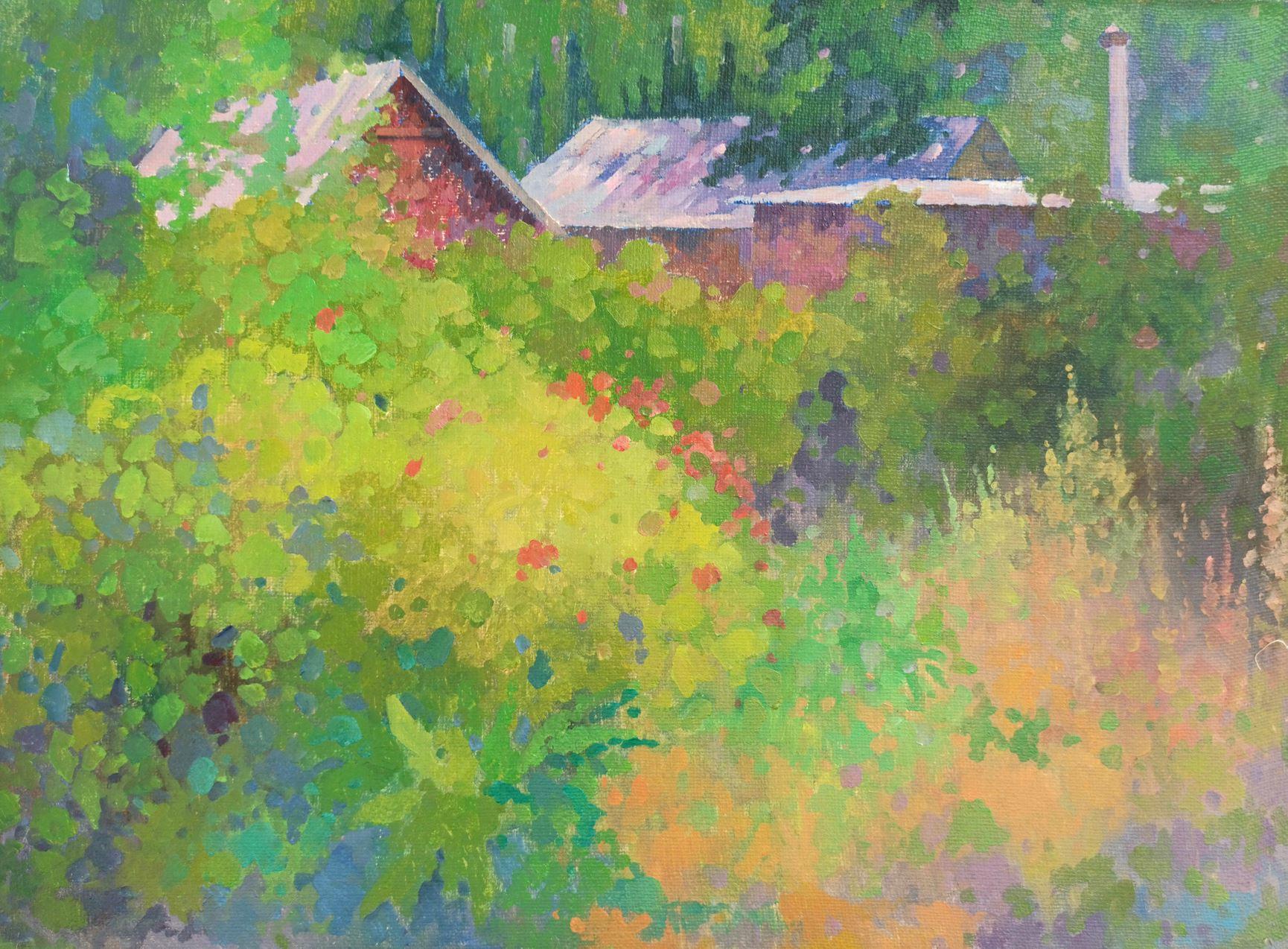 Landscape Painting Peter Tovpev - Jardin d'été,  Impressionnisme, peinture à l'huile originale, prête à être accrochée