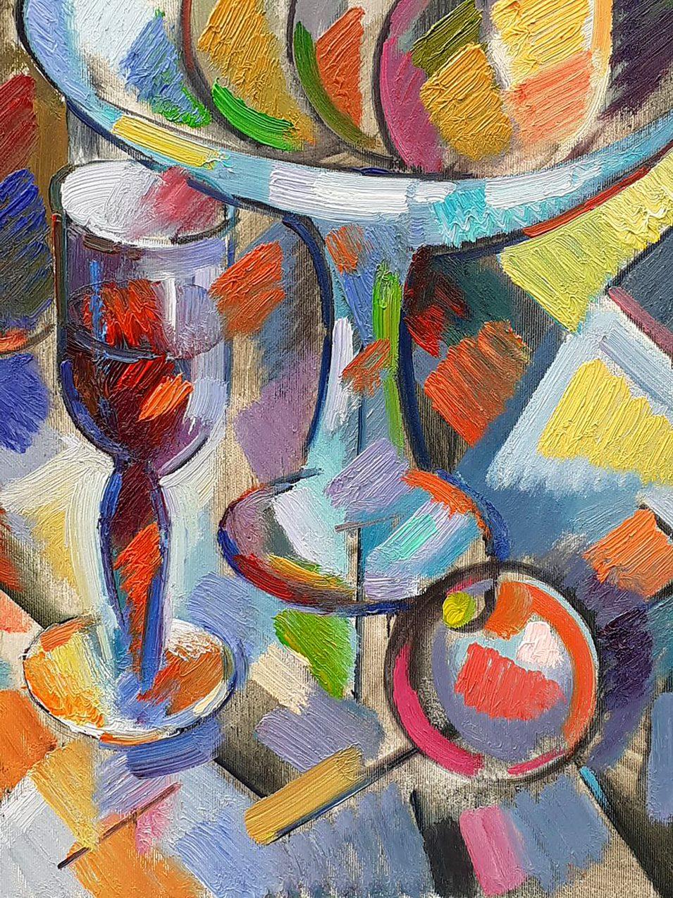 Sweet Stillleben, Abstraktes Ölgemälde des Kubismus, Original, hängefertig (Impressionismus), Painting, von Peter Tovpev