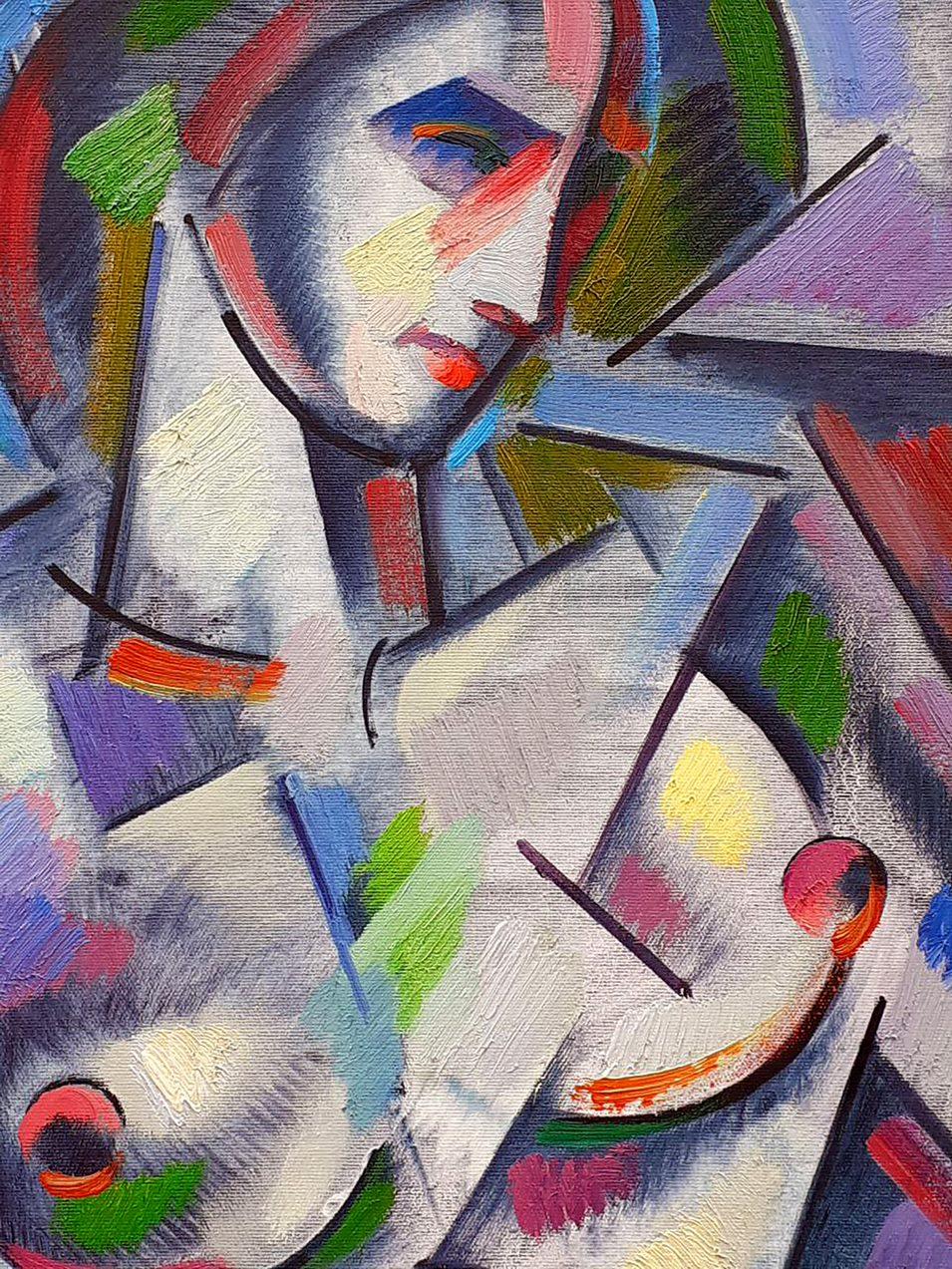 Artist: Peter Tovpev
Work: Original oil painting, handmade artwork, one of a kind 
Medium: Oil on Canvas 
Year: 2022
Style: Cubism
Title: The Model
Size: 35.5