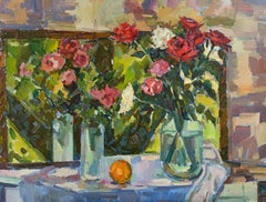 Der Tisch ist gefasst, Blumen, Stillleben, Rosen, Original Ölgemälde, hängefertig