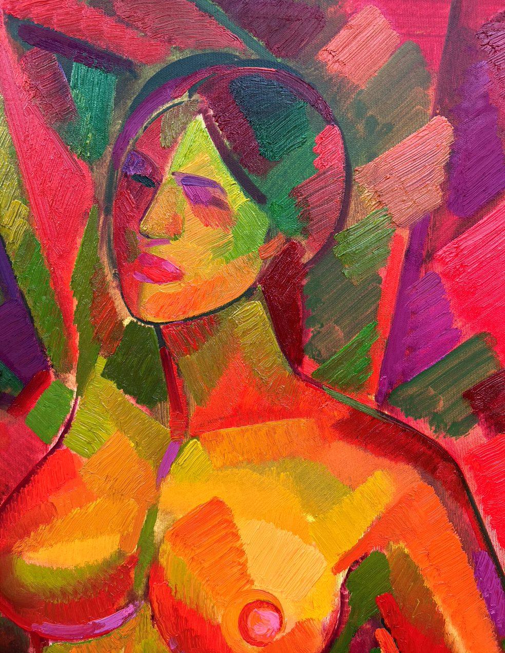 Due bagnanti, Cubismo Figurativo, Pittura ad olio originale, pronta da appendere 3