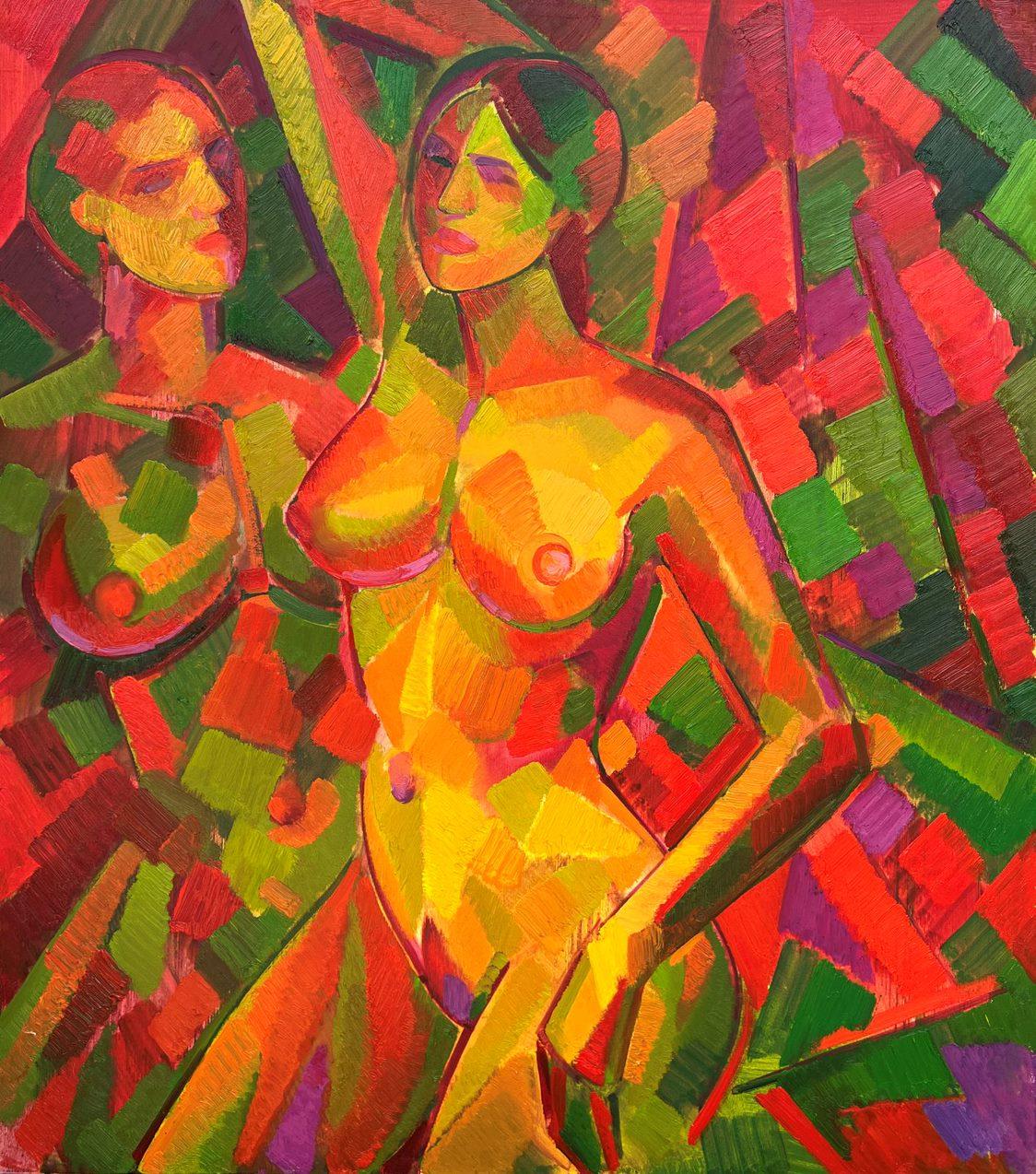 Peter Tovpev Figurative Painting - Two Bathers, Cubism Figurative, Original oil Painting, Ready to Hang