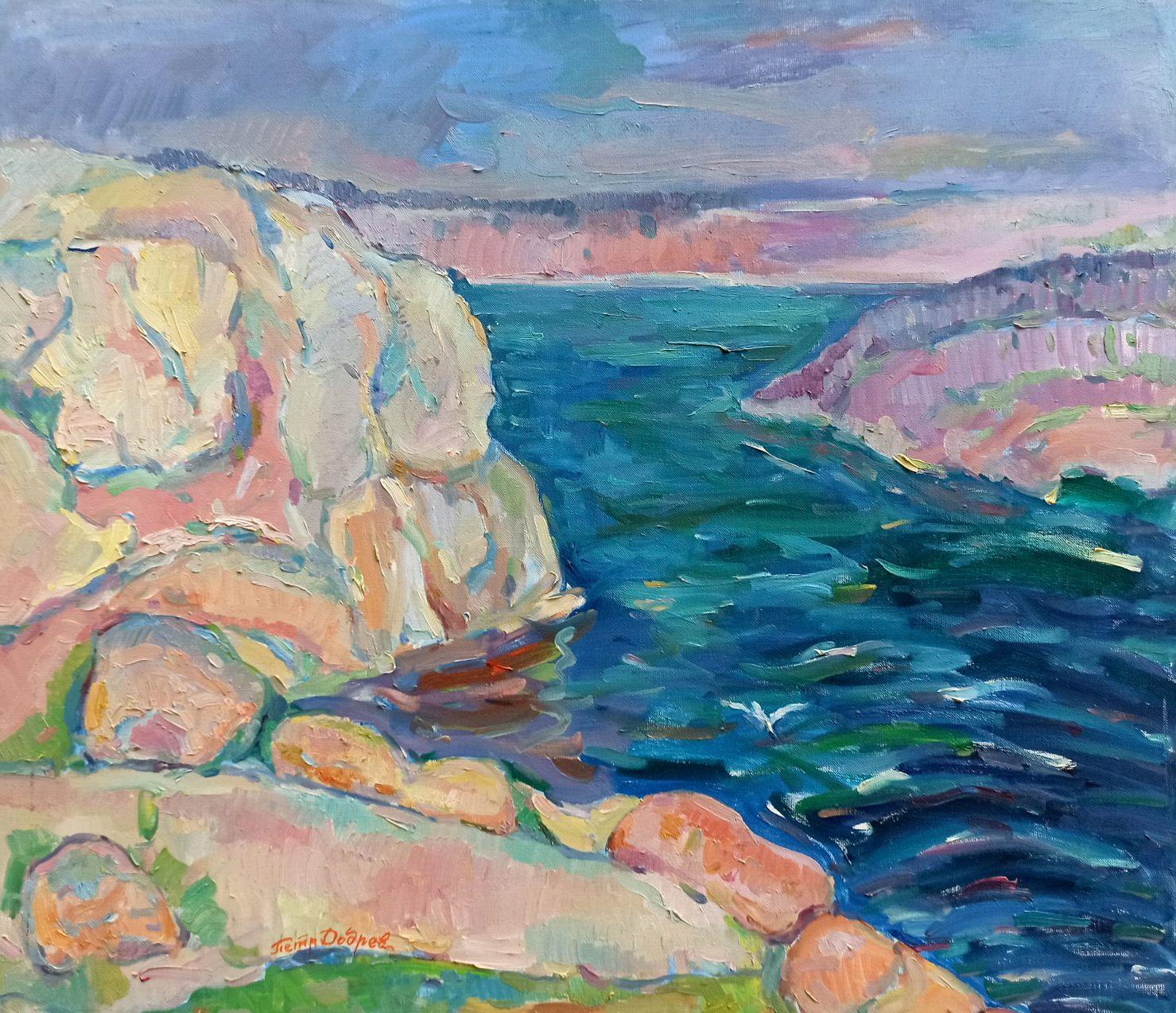 Rock White Coastal, peinture à l'huile originale, prête à être accrochée