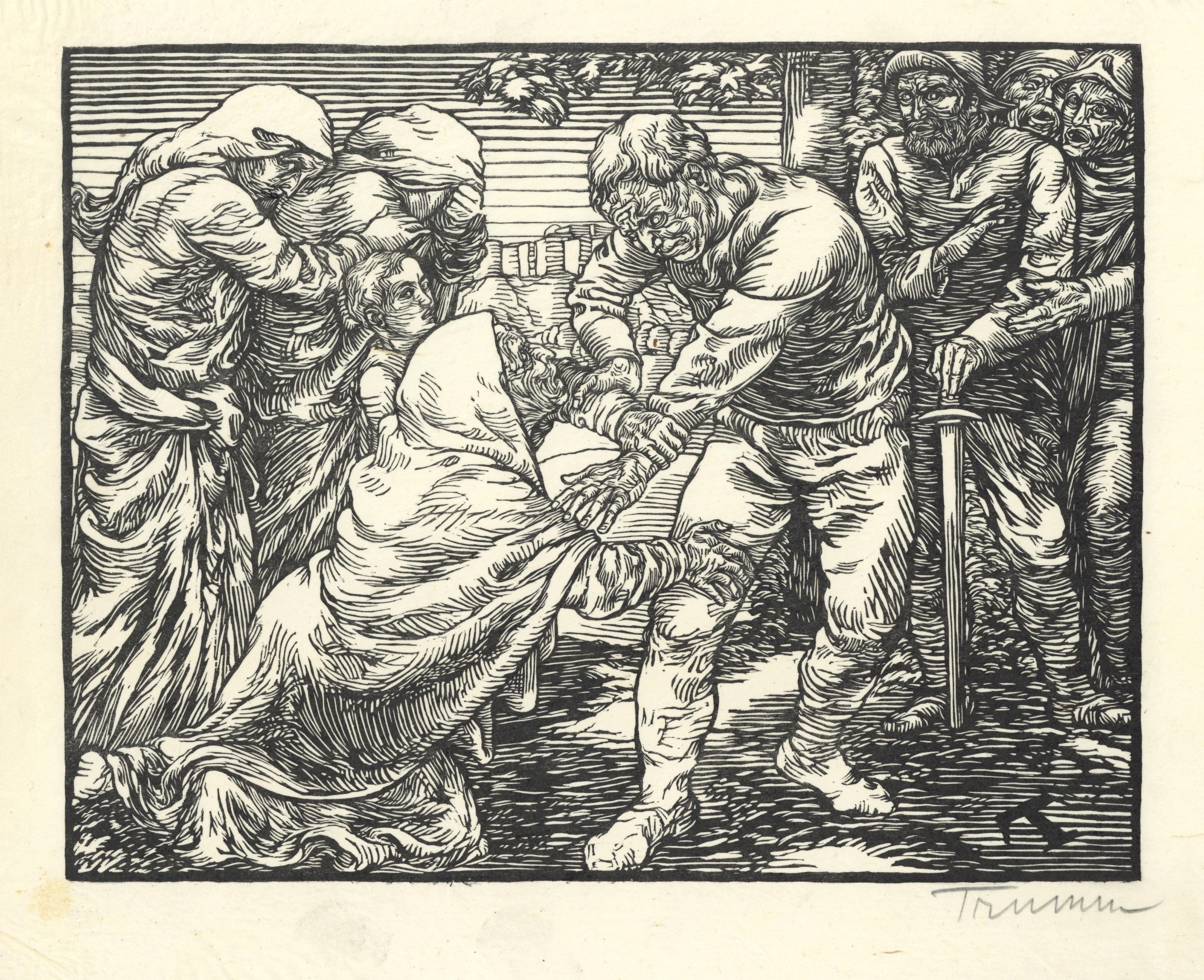 Peter Trumm Figurative Print - "Coriolan und seine Mutter" signed original woodcut