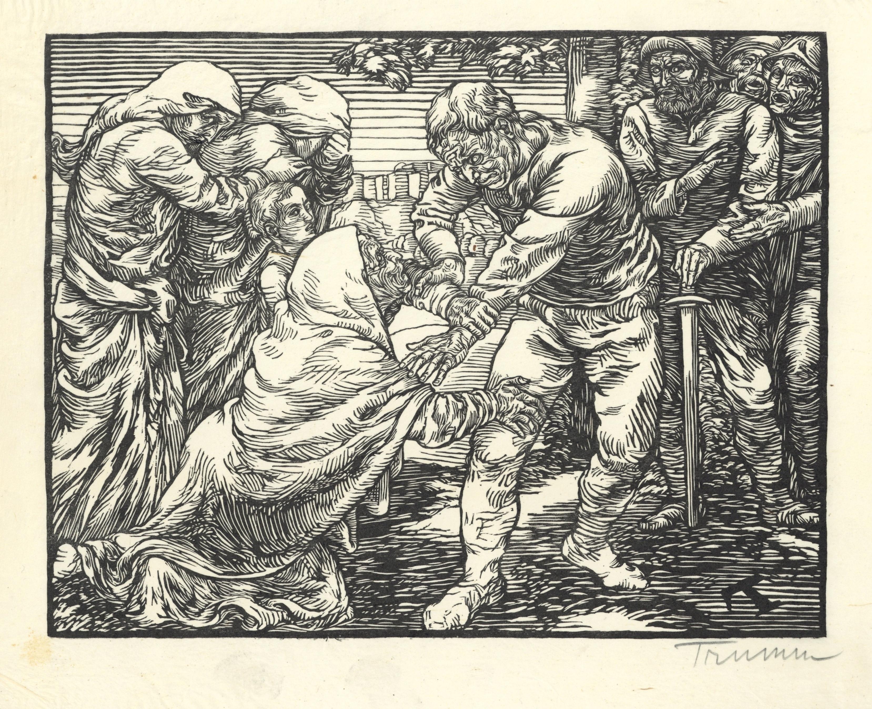 Figurative Print Peter Trumm - "Coriolan und seine Mutter" signé, gravure sur bois originale