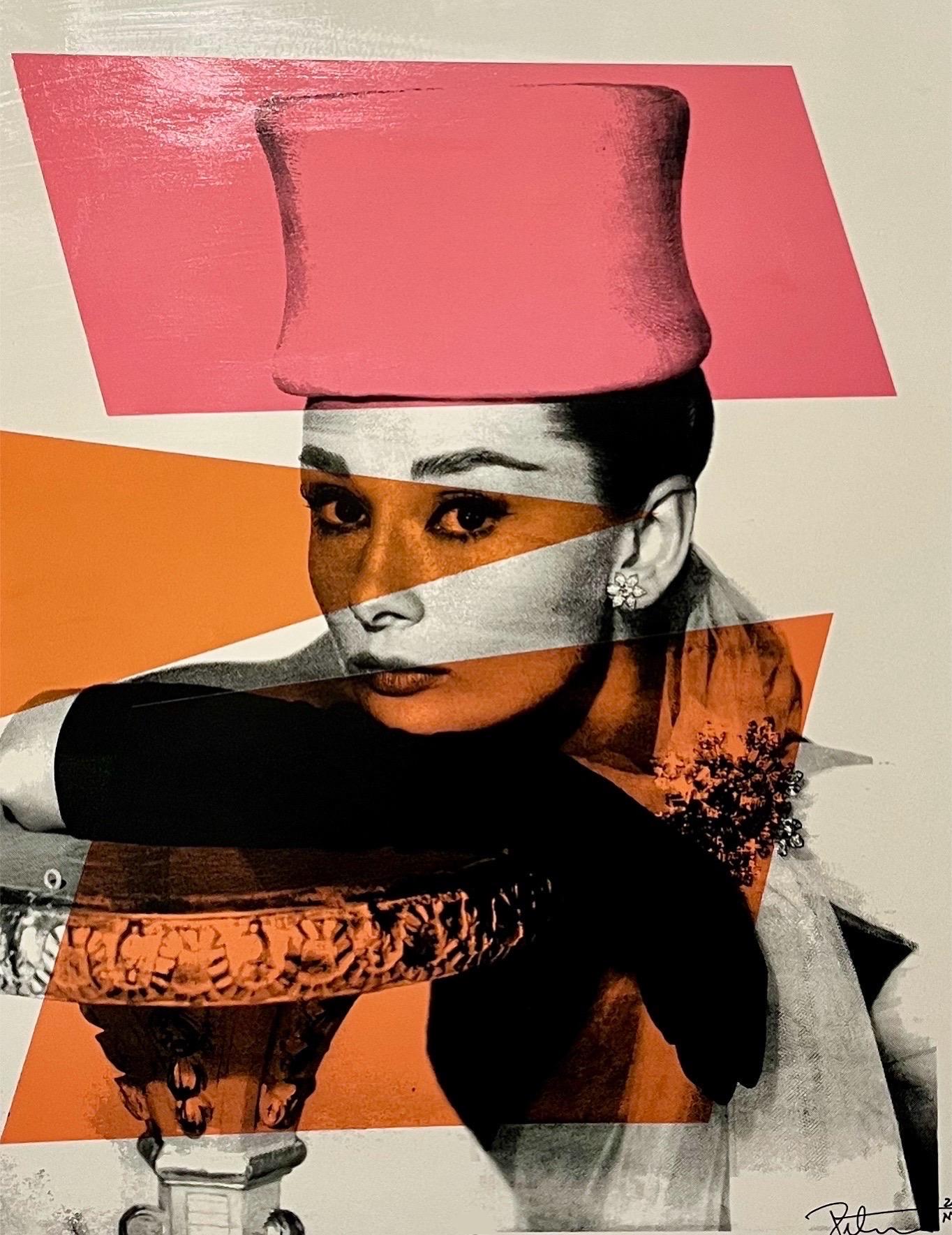 Peter Tunney (né en 1961) 
Audrey Hepburn
2015 
Peinture acrylique 
Sérigraphie tirée à la main avec coloriage à la main sur carton d'archives de musée. 
40 x 32-1/4 pouces (101,6 x 81,9 cm) (feuille) 
Signé et daté à l'encre en bas à droite   
Cet