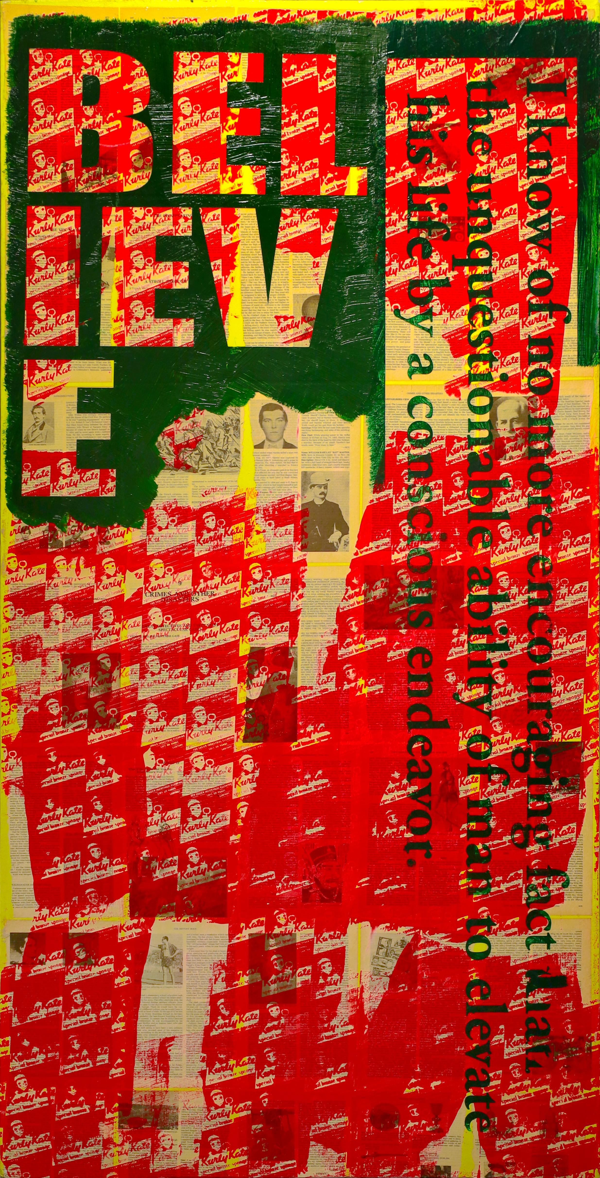 Peter Tunney 'Believe' is a Unique Painting and Mixed Media on Canvas made in 2015. Made of Acrylic paint and collaged with newspaper clipping and book pages, stenciled typography and screen print. Signed by the Artist on verso.

Peter Tunney is a