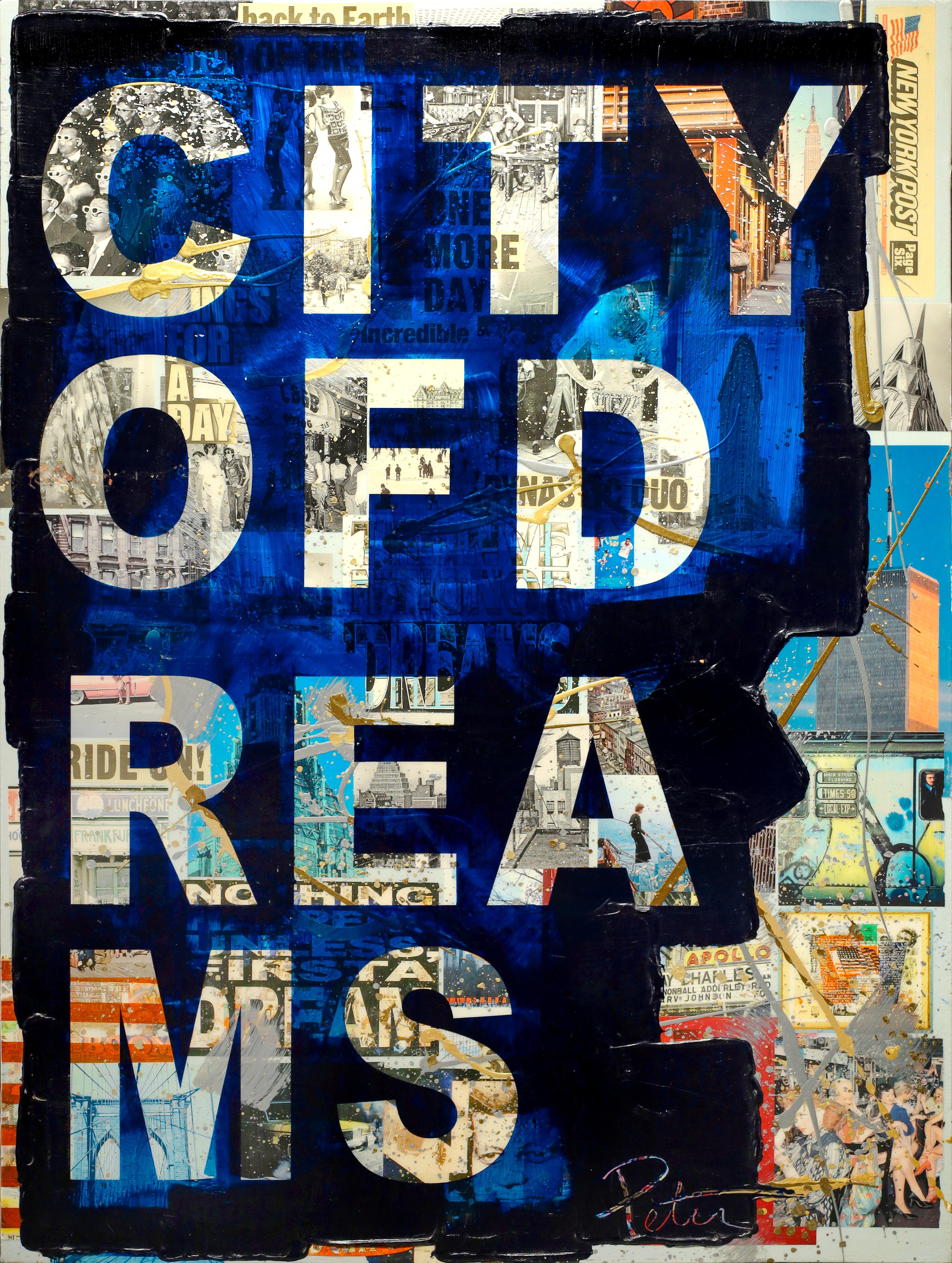 Peter Tunney "Stadt der Träume" ist ein einzigartiges Gemälde Collage Arbeit auf Leinwand, 2015. Signiert vom Künstler unten rechts in Scraffito. Acrylfarbe, umfangreiche Collage aus gemischten Medien auf Leinwand. 

Peter Tunney ist ein