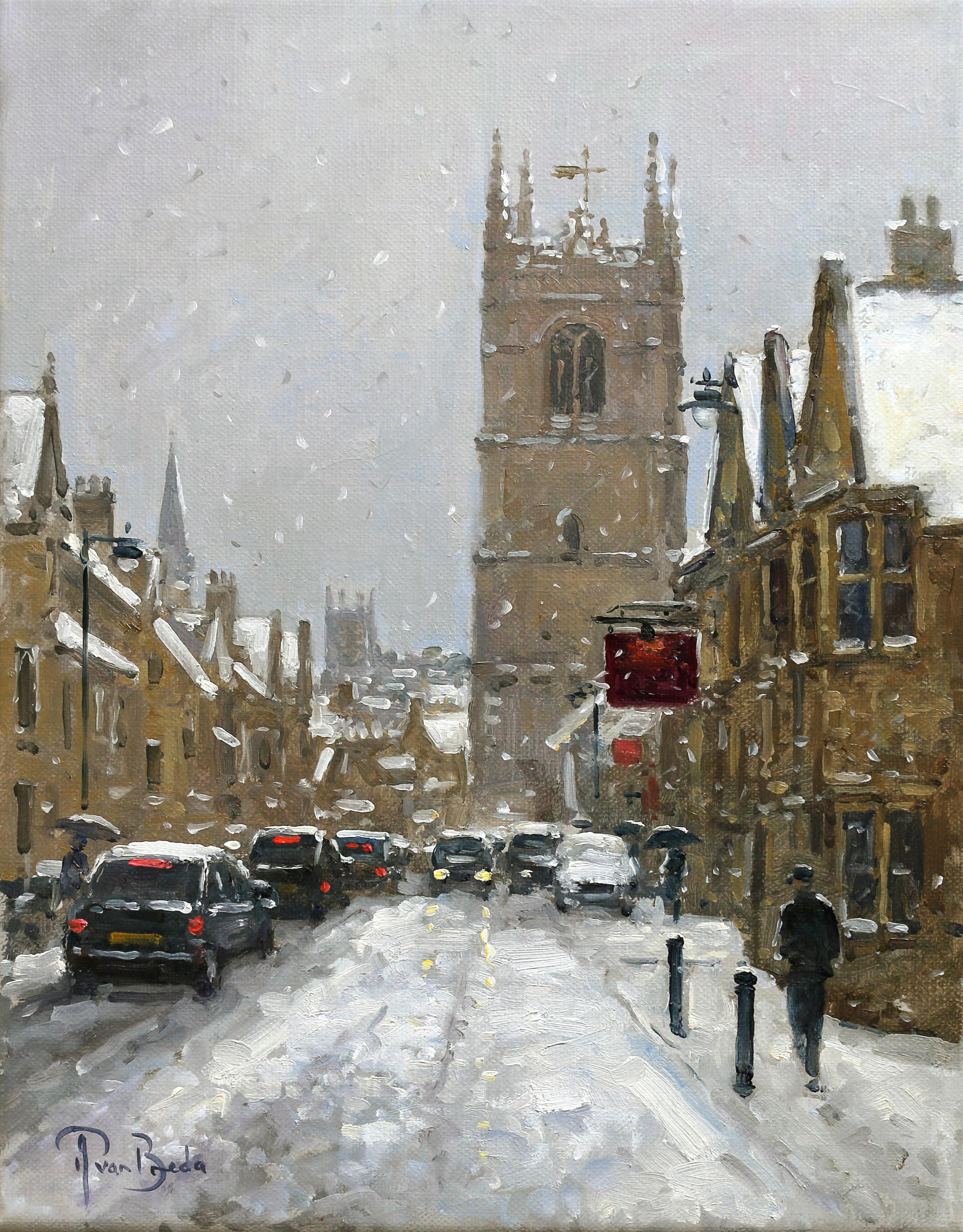 Peter van Breda Landscape Painting - Snow Flurry, St Martin's, Stamford