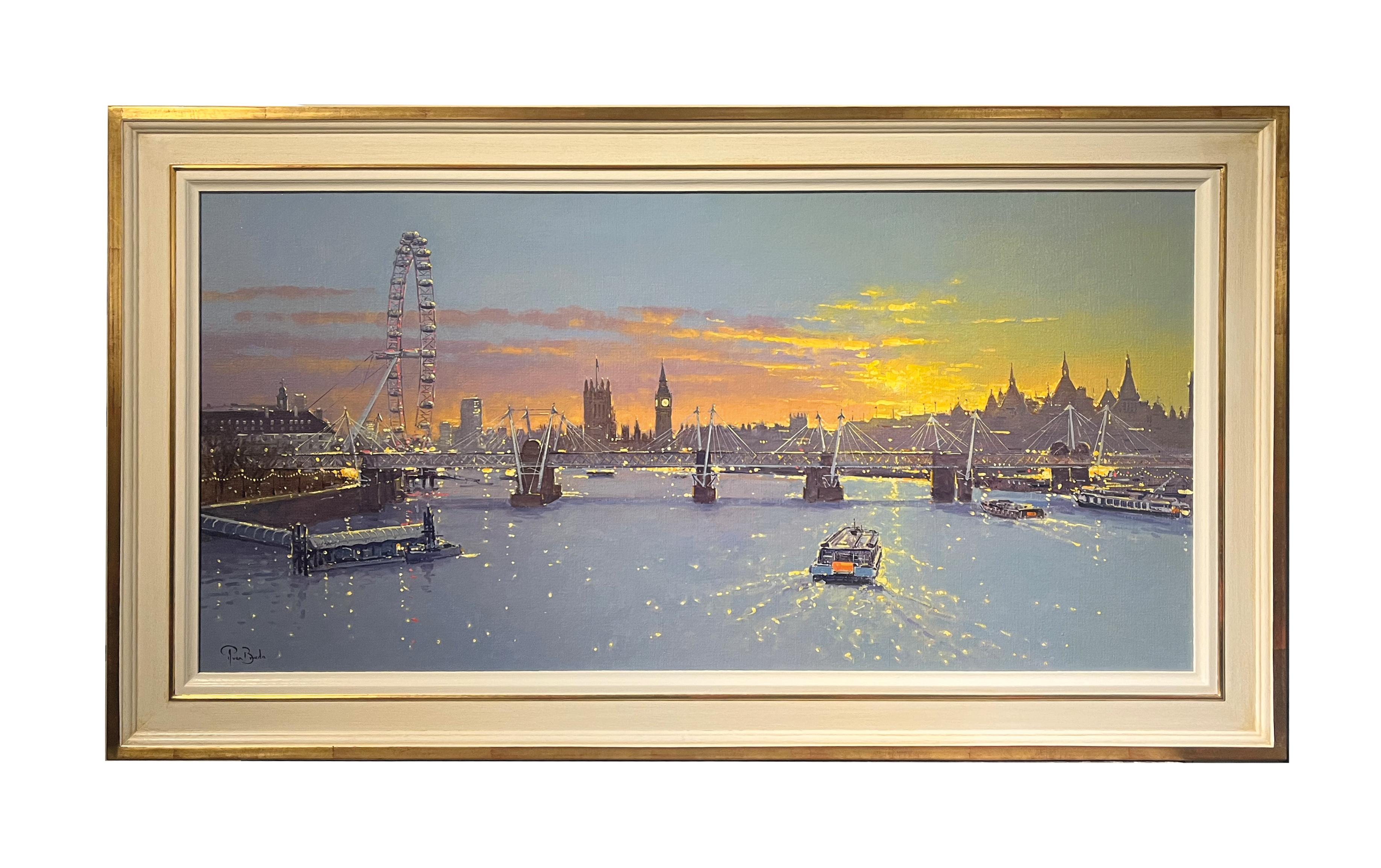 Sunset on the Thames, London - Painting by Peter van Breda