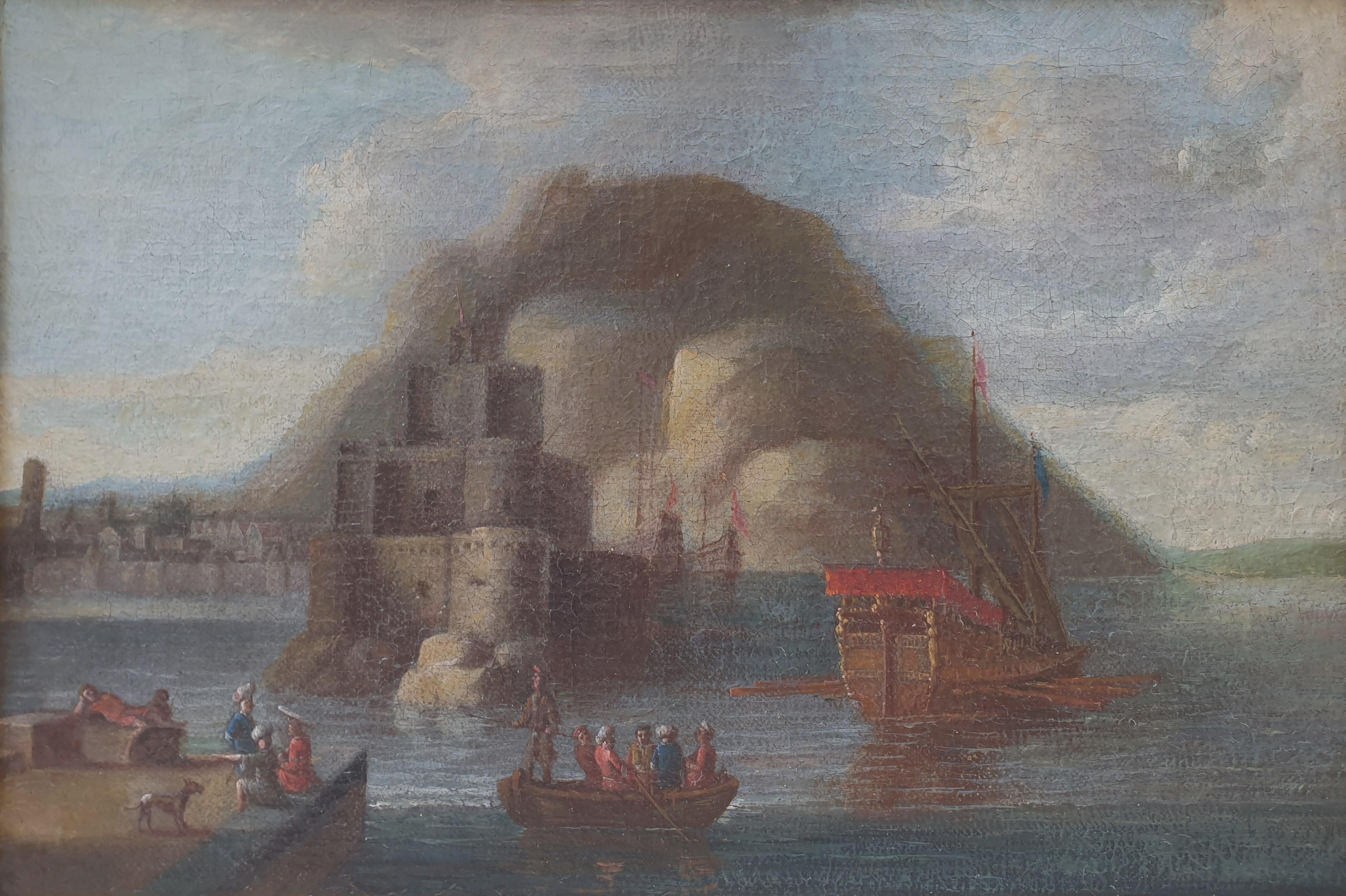 Pittura Scuola olandese 18° Marina nave turca fortezza di Gibilterra Van de VELDE - Painting di Peter Van de VELDE II