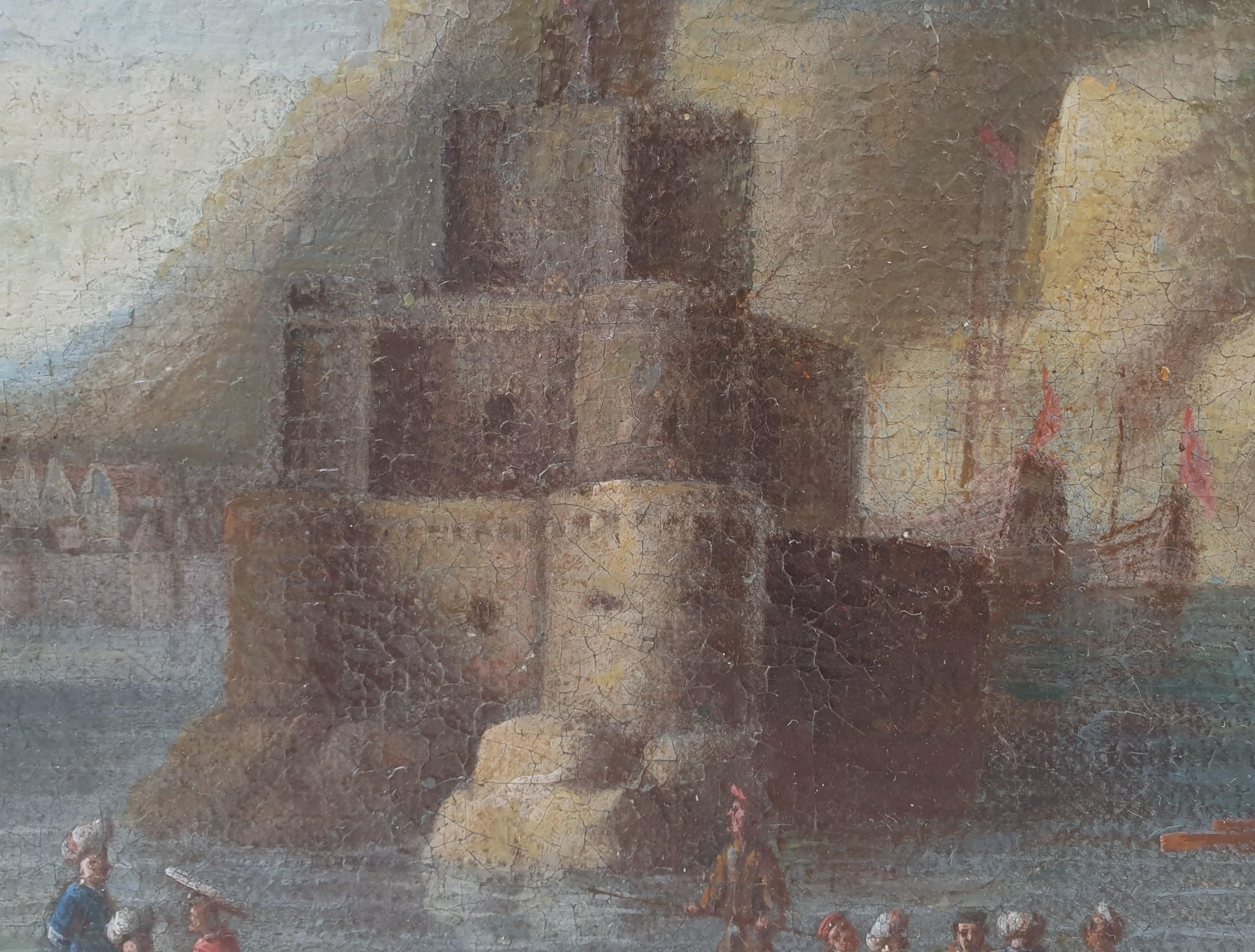Pittura Scuola olandese 18° Marina nave turca fortezza di Gibilterra Van de VELDE 1