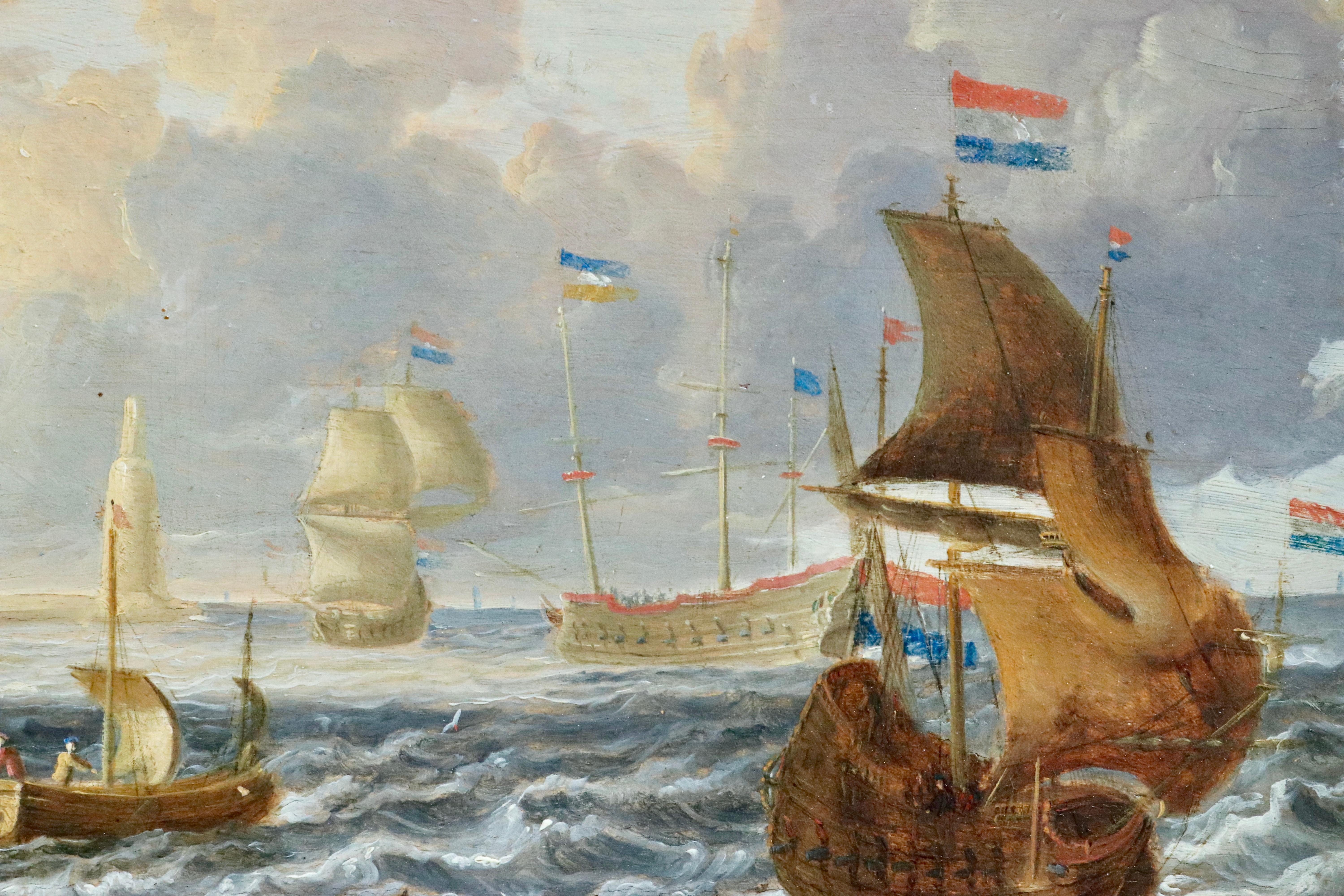 An Oriental Port - 17th Century Marine Oil, Ships at Sea by Peter van den Velde - Gray Landscape Painting by Peter Van Den Velde