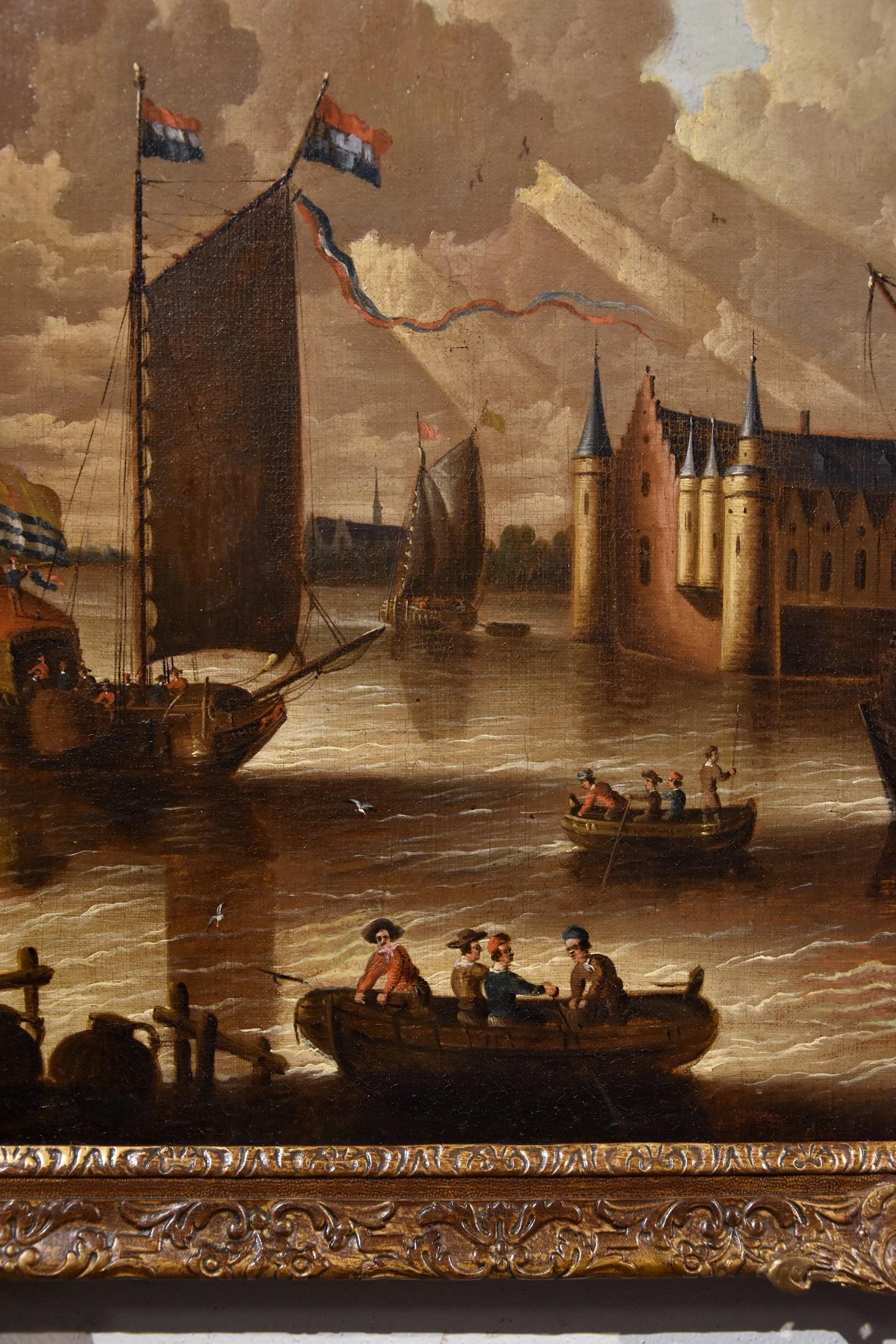 Quality work attributed to the painter Peter Van Der Velde (Antwerp 1634 - c.1714) 
Coastal view with fortified city and boats (city of Antwerp?)

Oil painting on canvas
70 x 87 cm.- In frame 76 x 94 cm.
Work accompanied by a critical study by prof.
