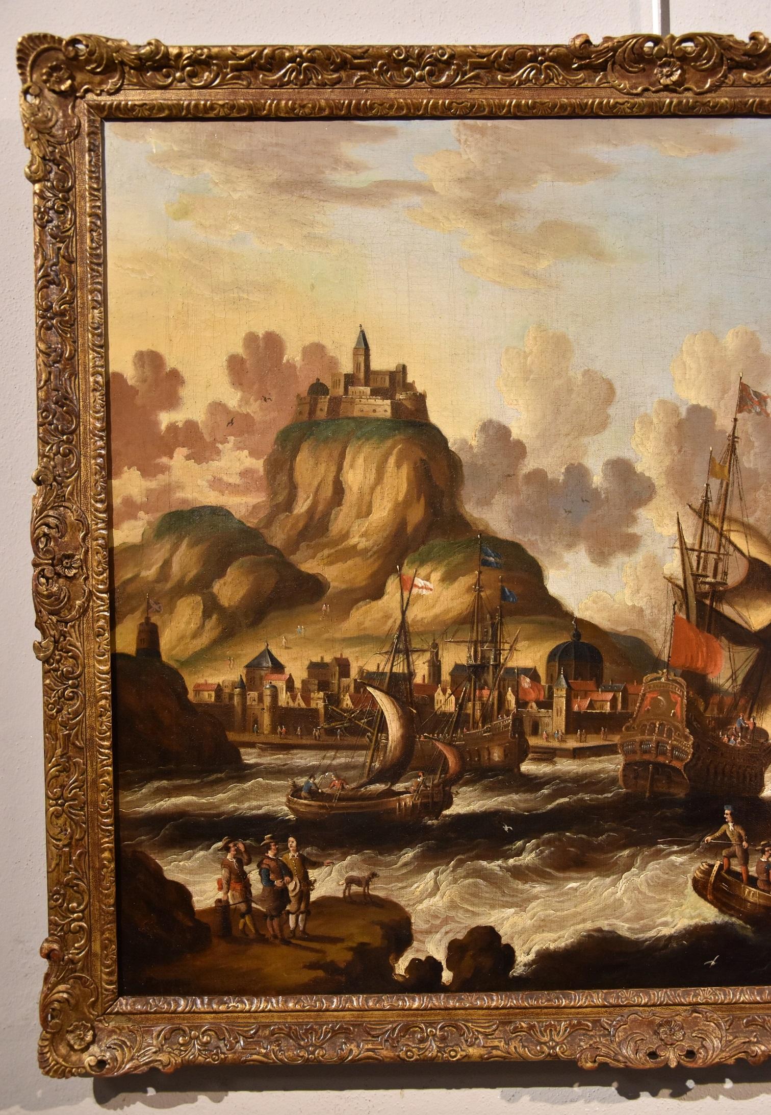 Qualitätsarbeit, die dem Maler Peter Van Der Velde (Antwerpen 1634 - ca. 1714) zugeschrieben wird - Monogrammiert
Blick auf die Küste mit Schiffen und Burgruine

Ölgemälde auf Leinwand
70 x 87 cm - Im Rahmen 76 x 94 cm.
Das Werk wird begleitet von