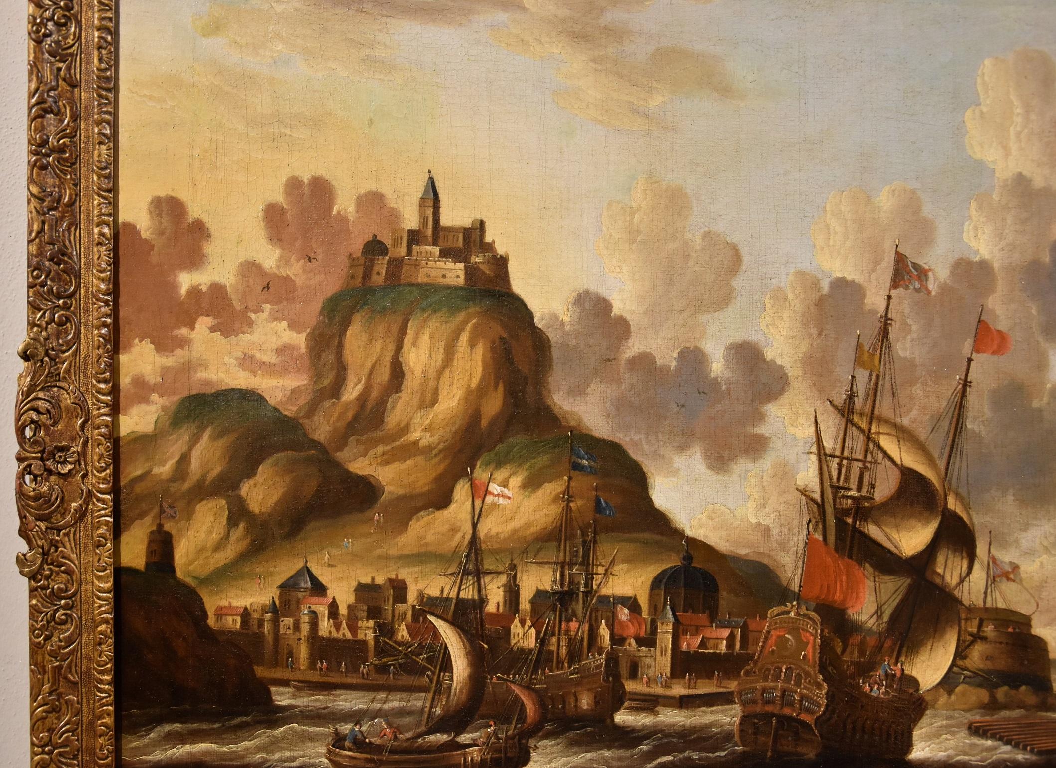 Quality work attributed to the painter Peter Van Der Velde (Antwerp 1634 - c.1714) - Monogrammed
Coastal view with vessels and perched castle

Oil painting on canvas
70 x 87 cm.- In frame 76 x 94 cm.
Work accompanied by a critical study by prof.