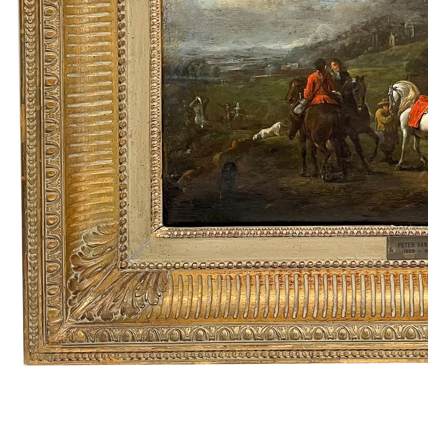 Pintura al óleo sobre tabla de un antiguo maestro flamenco de principios del siglo XVII Escena de caza 1620 en venta 5