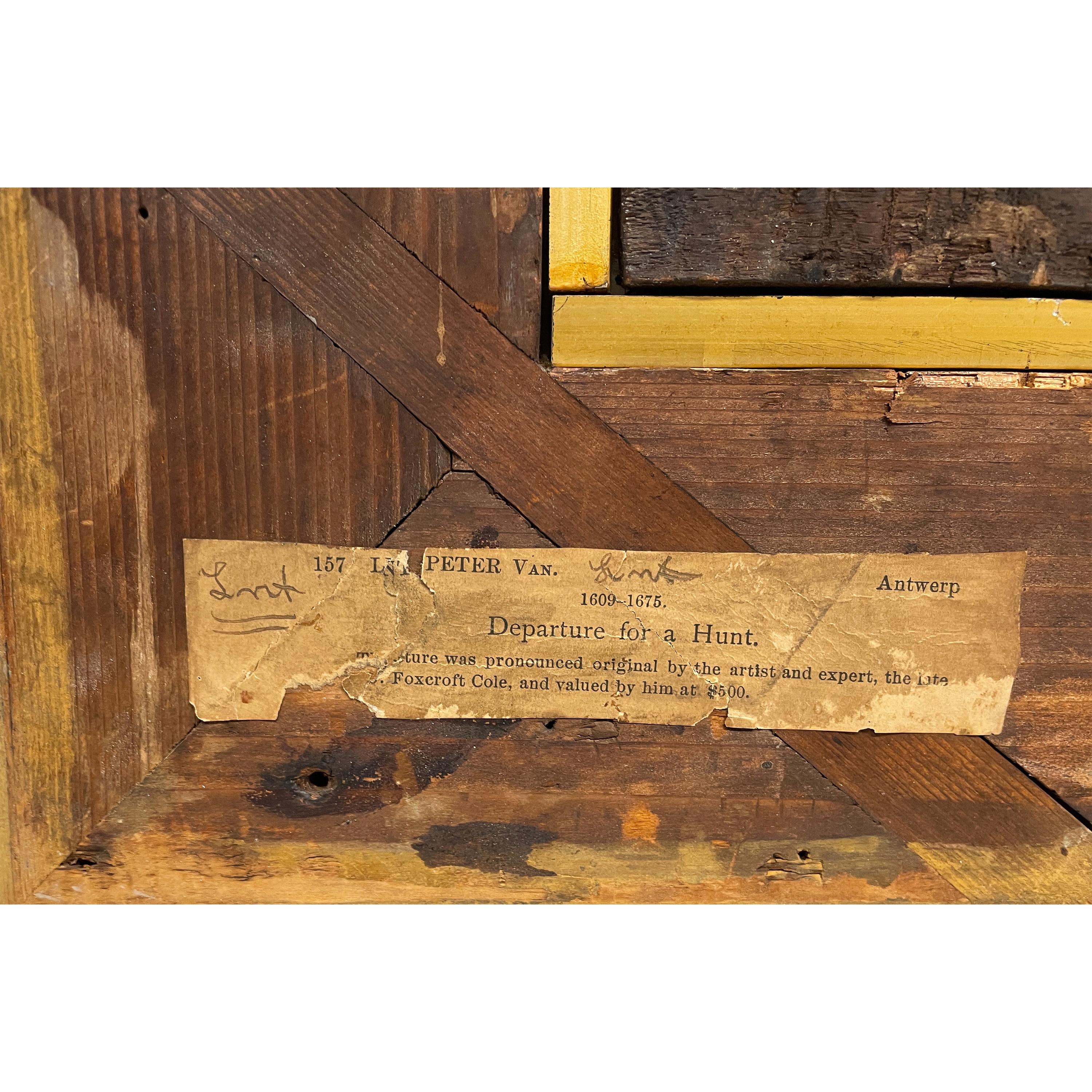 Pintura al óleo sobre tabla de un antiguo maestro flamenco de principios del siglo XVII Escena de caza 1620 en venta 8