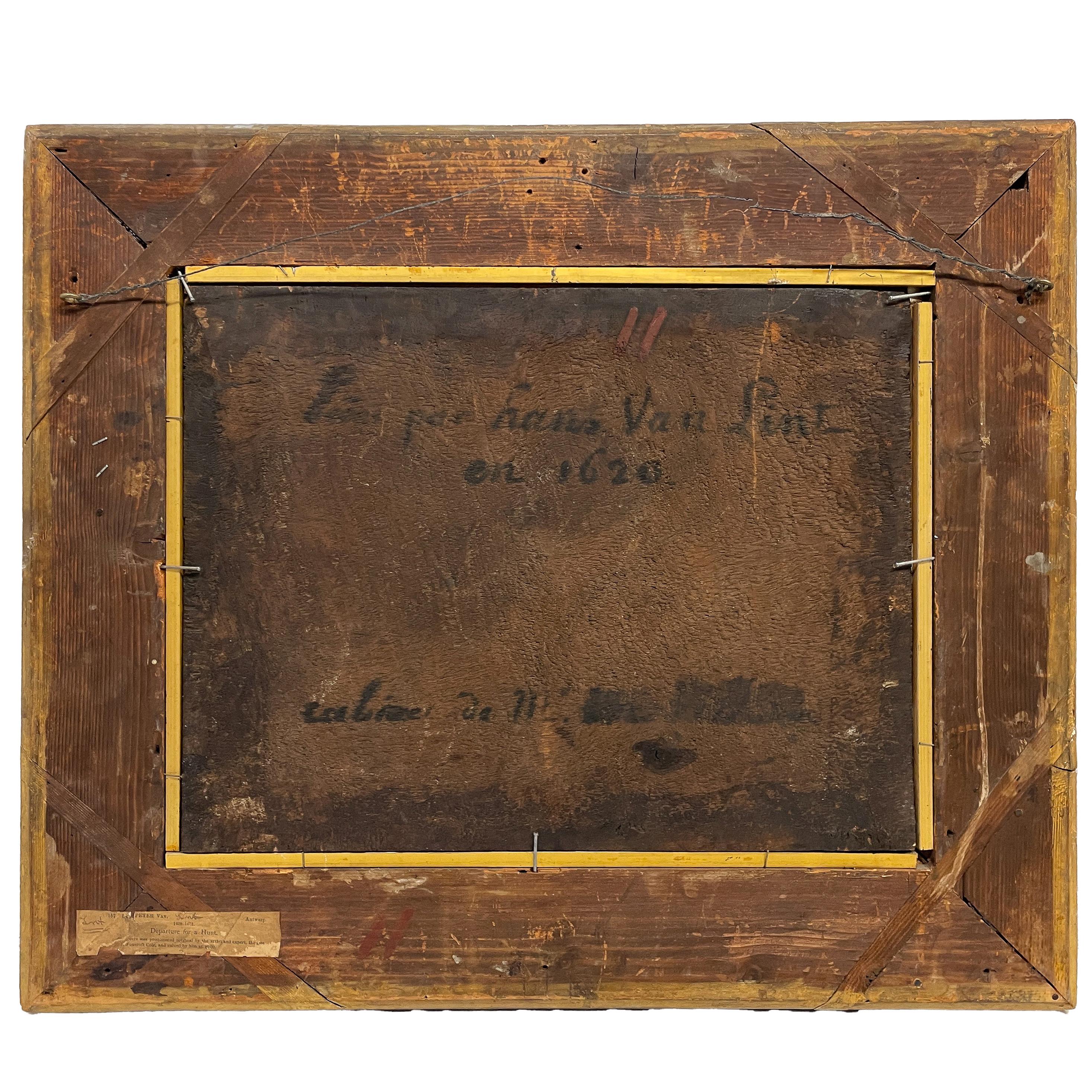 Pintura al óleo sobre tabla de un antiguo maestro flamenco de principios del siglo XVII Escena de caza 1620 en venta 10