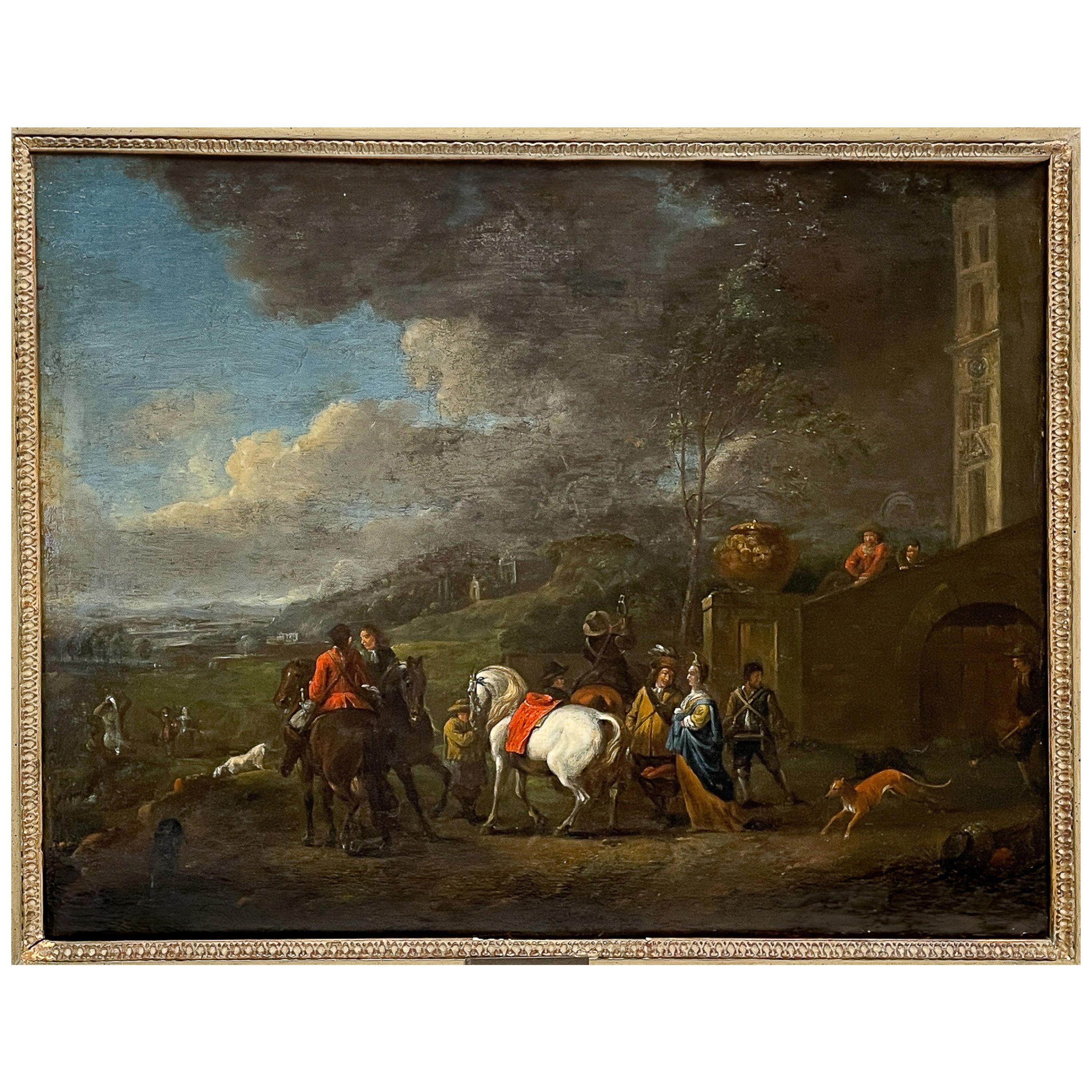 Pintura al óleo sobre tabla de un antiguo maestro flamenco de principios del siglo XVII Escena de caza 1620 - Painting de Peter Van Lint