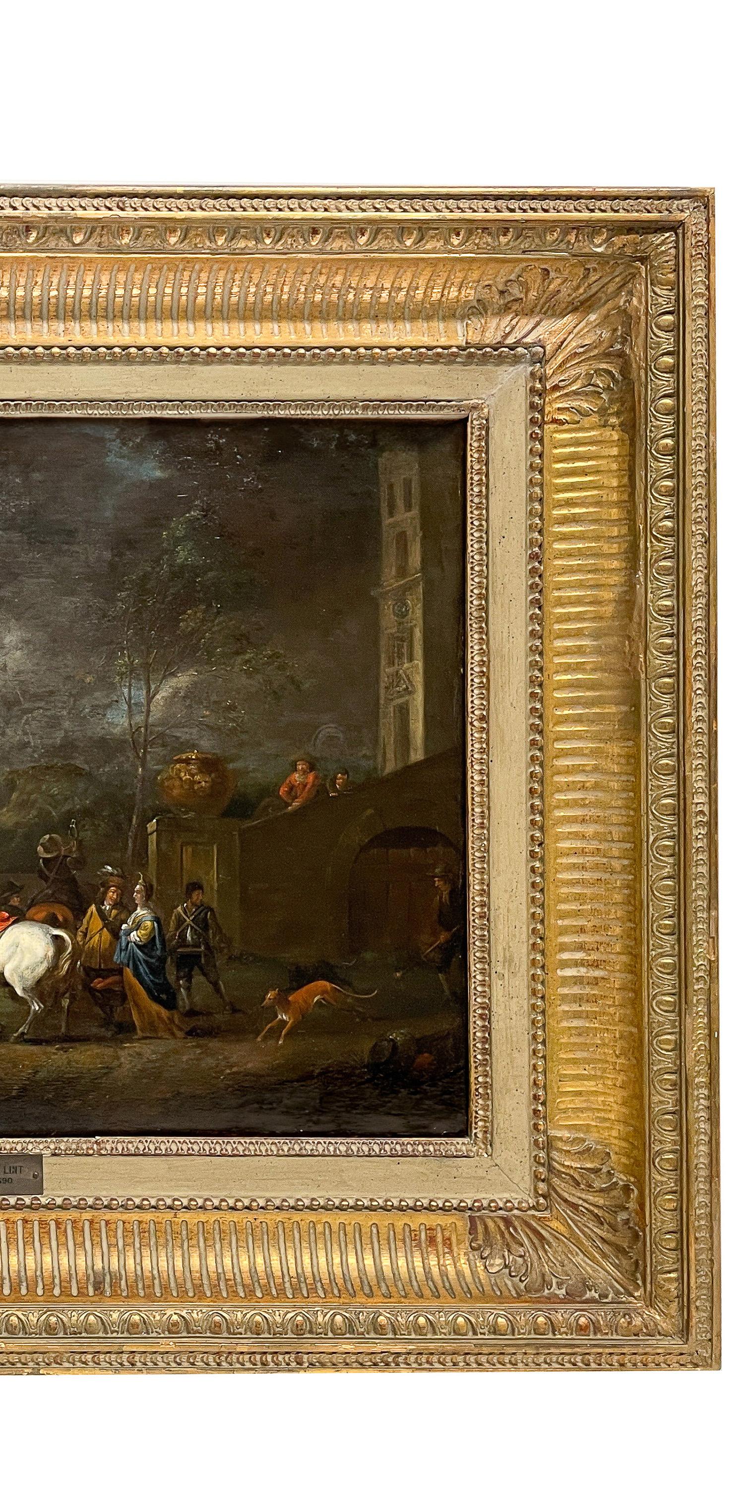 Pintura al óleo sobre tabla de un antiguo maestro flamenco de principios del siglo XVII Escena de caza 1620 - Landscape Painting Marrón de Peter Van Lint