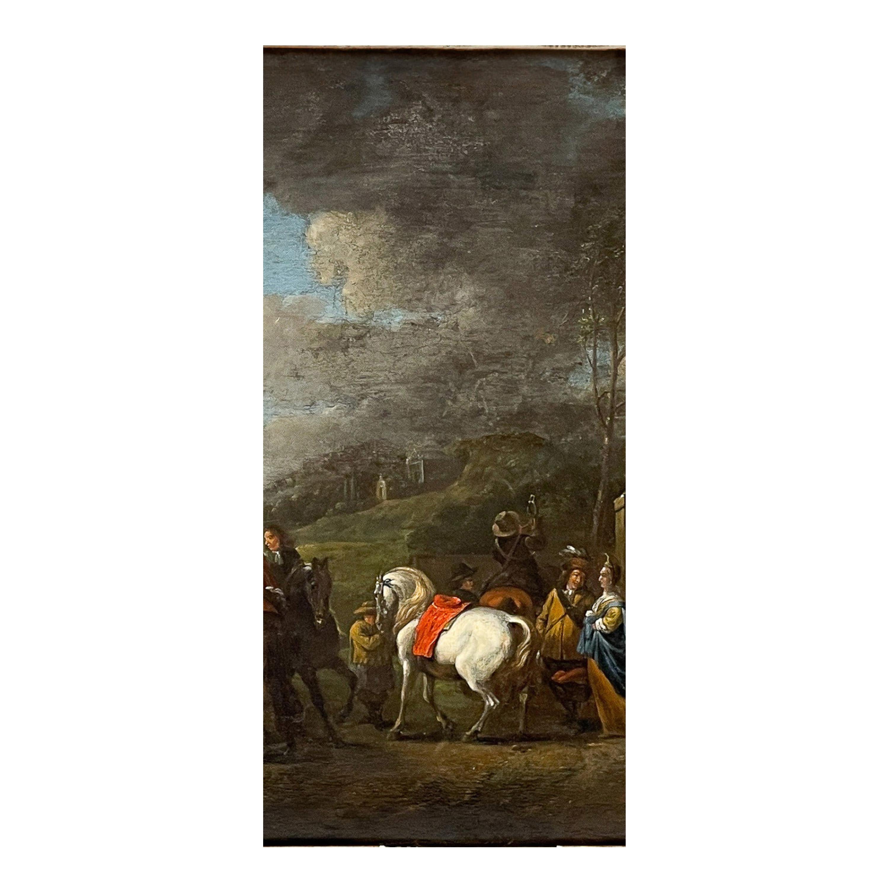 Pintura al óleo sobre tabla de un antiguo maestro flamenco de principios del siglo XVII Escena de caza 1620 en venta 1