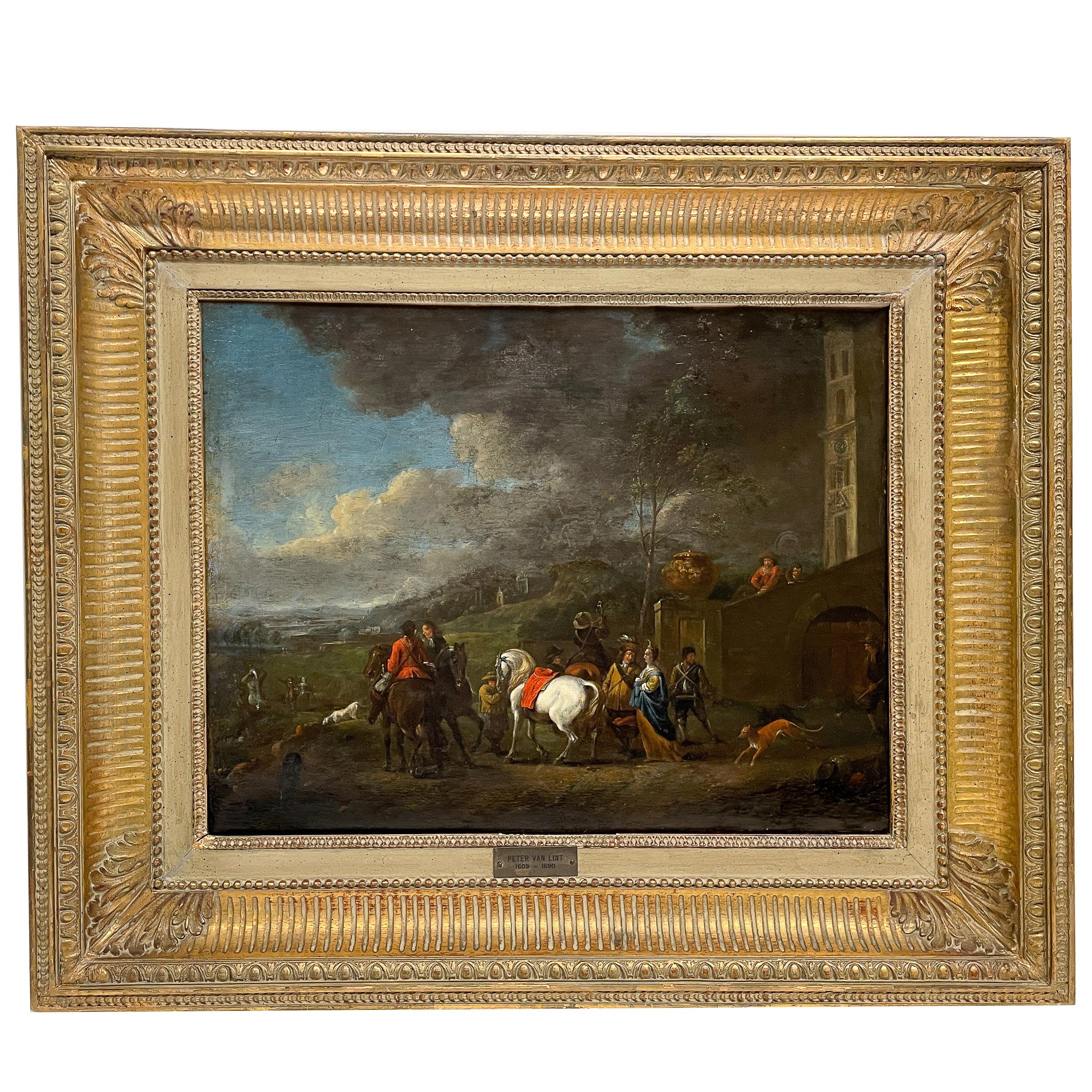 Pittura fiamminga dell'inizio del XVII secolo, olio su pannello, scena di caccia 1620