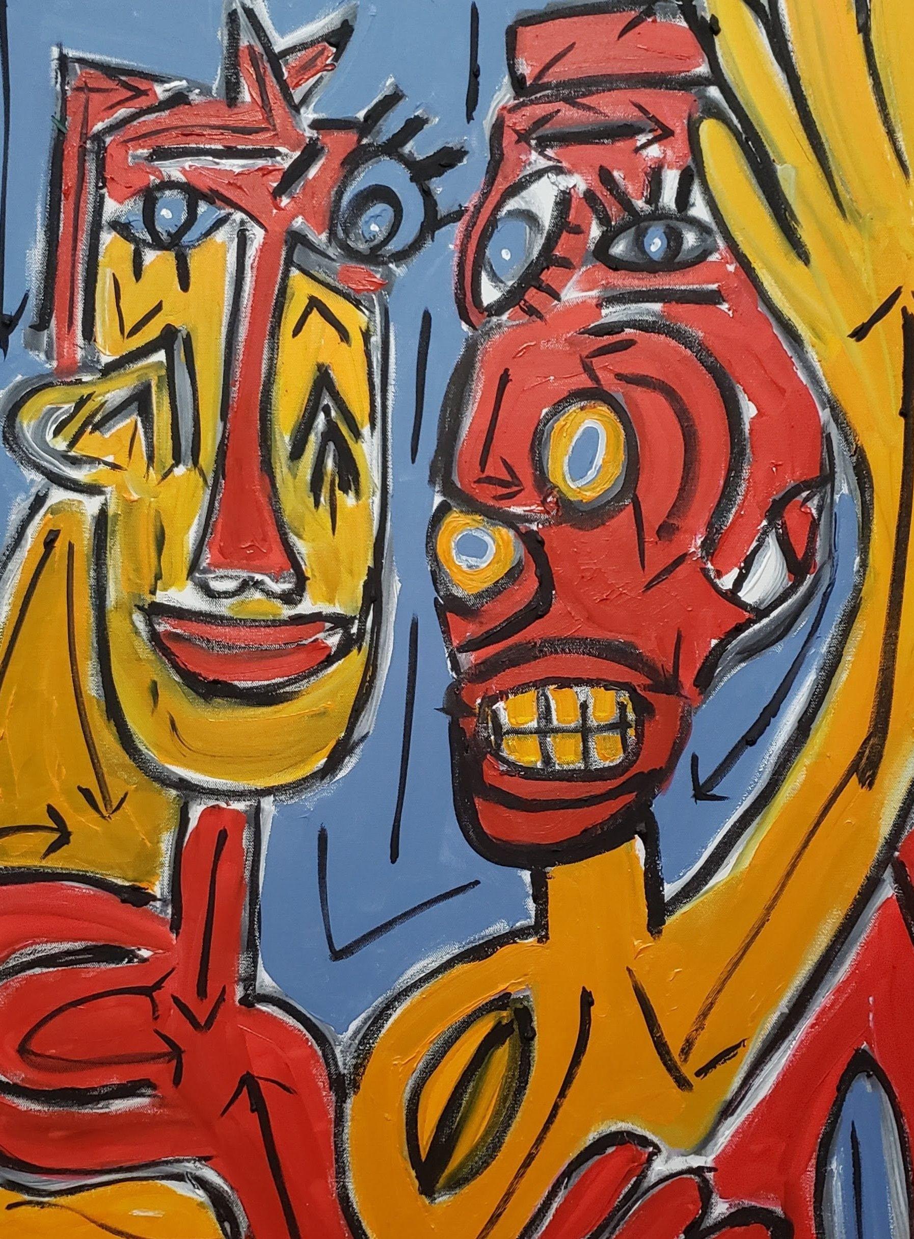 The painting depicts the year 2020 and the confusion, anxiety, despair, distress and the the overall state of ambivalence the world was experiencing.  The arrows going in different directions denote the ambivalence and chaos around us. The discord