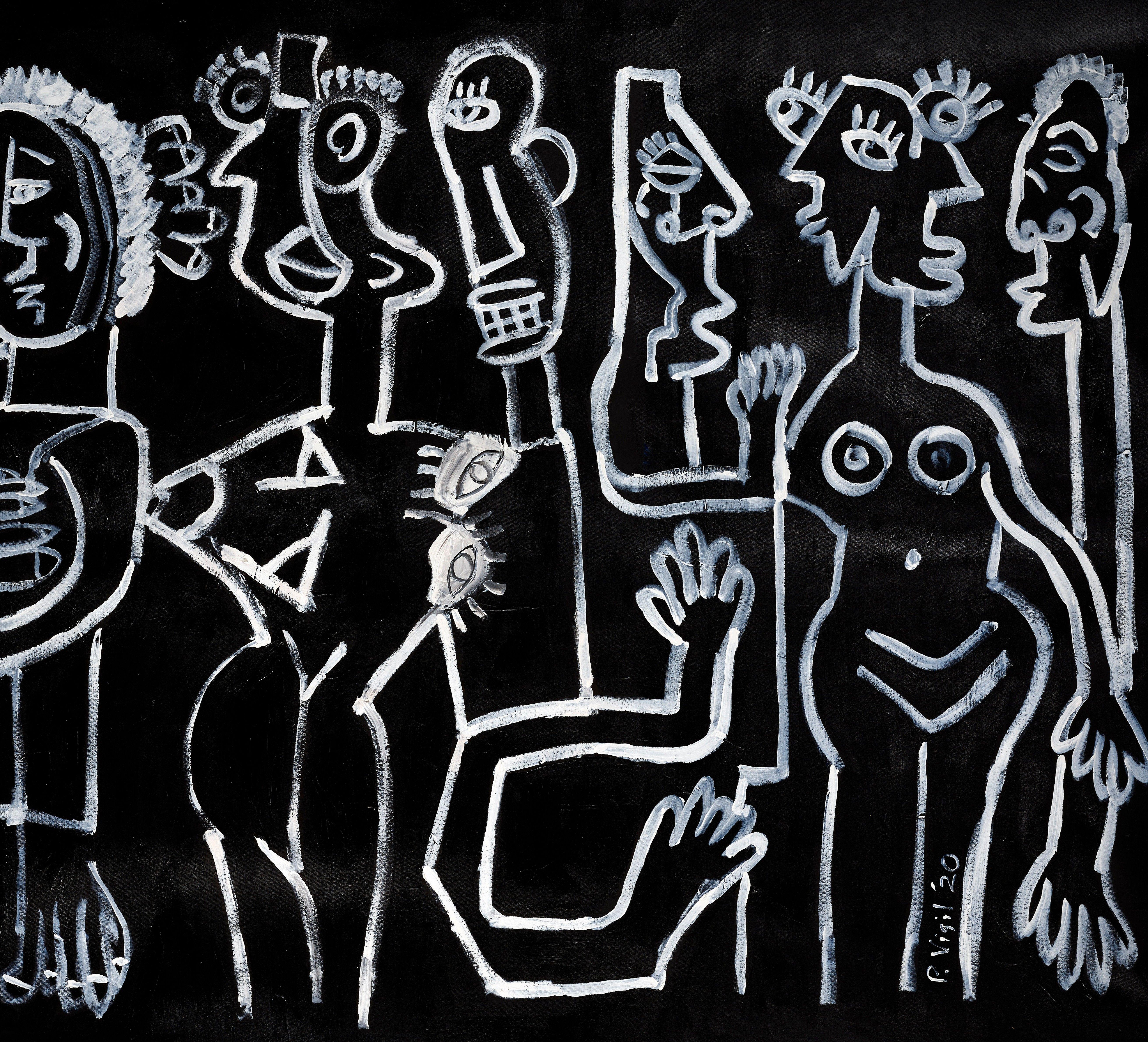 La pintura sobre lienzo sin estirar representa un mundo convulso por muchas fuerzas que contribuyen a ello (por ejemplo, sanitarias, económicas, raciales) y la constatación de que, como humanos, debemos unirnos para luchar por la paz, la igualdad y