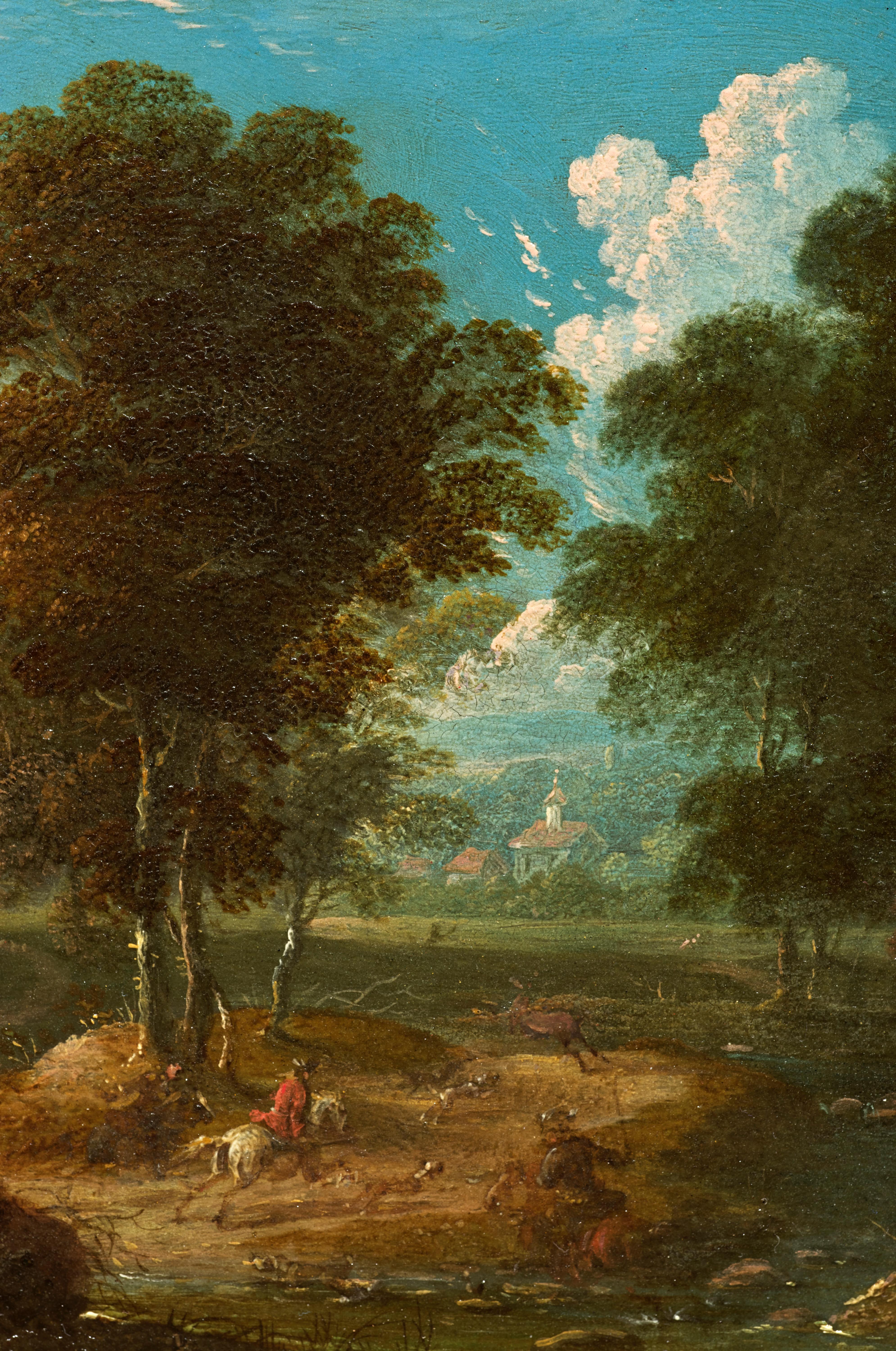This small landscape shows a hunting scene: two riders are chasing a stag with their dogs at the edge of a forest. Signed by Peter von Bemmel, it is typical of the production of this artist, in the great tradition of Dutch landscapes.

1.	Peter von