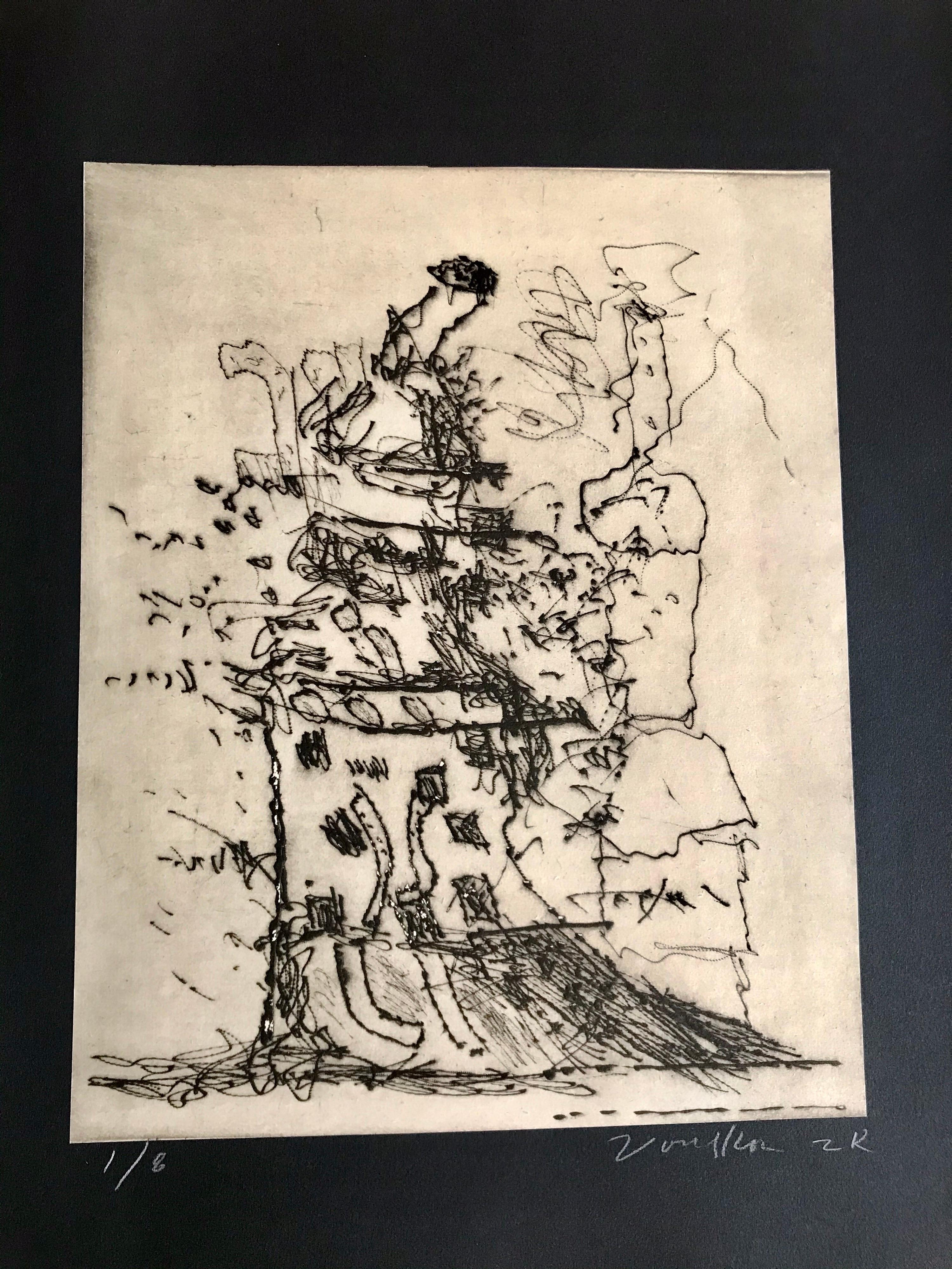 1924-2002 
Ein seltenes und spätes Kunstwerk auf Papier von einem der großen abstrakten Keramikkünstler aus Kalifornien.
Ein schönes Druckbild einer gestapelten Skulptur-Idee in strukturiertem Sgraffito.
Der Druck ist professionell auf das schwarze