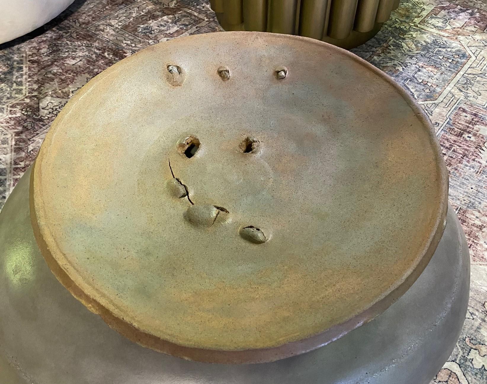 A truly fantastic, large, heavy charger/plate/platter by American master potter/artist Peter Voulkos who is known for his abstract expressionist ceramic pottery pieces and sculptures. Very unique and quite scarce (apparently Voulkos made only a