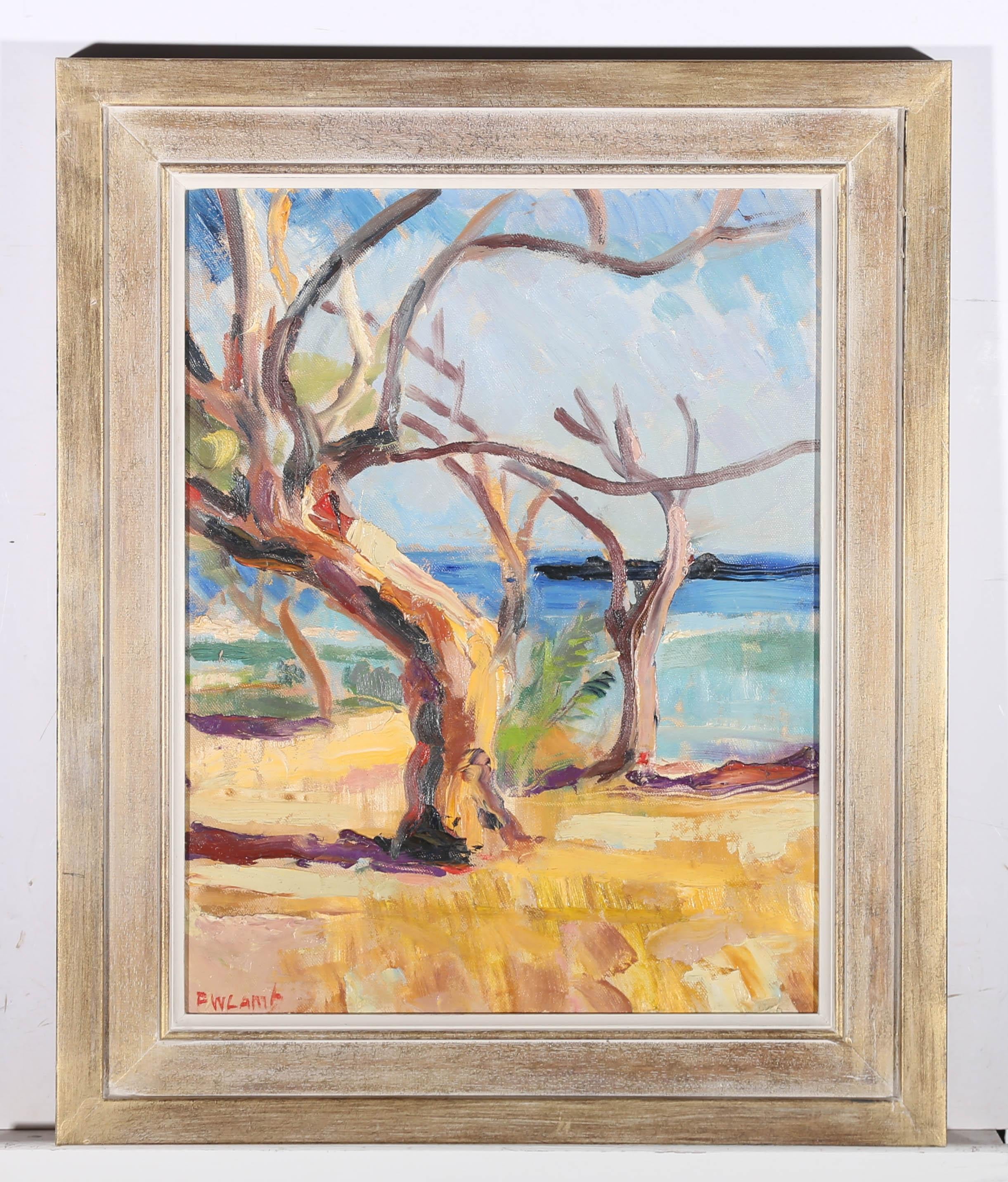 A vibrant and dynamic mid Century oil coastal scene showing gnarled and twisted trees on a vivid shoreline. The trees sprawl out across the canvas like tendrils, their long branches adding movement and flow to the colorful scene. The artist has