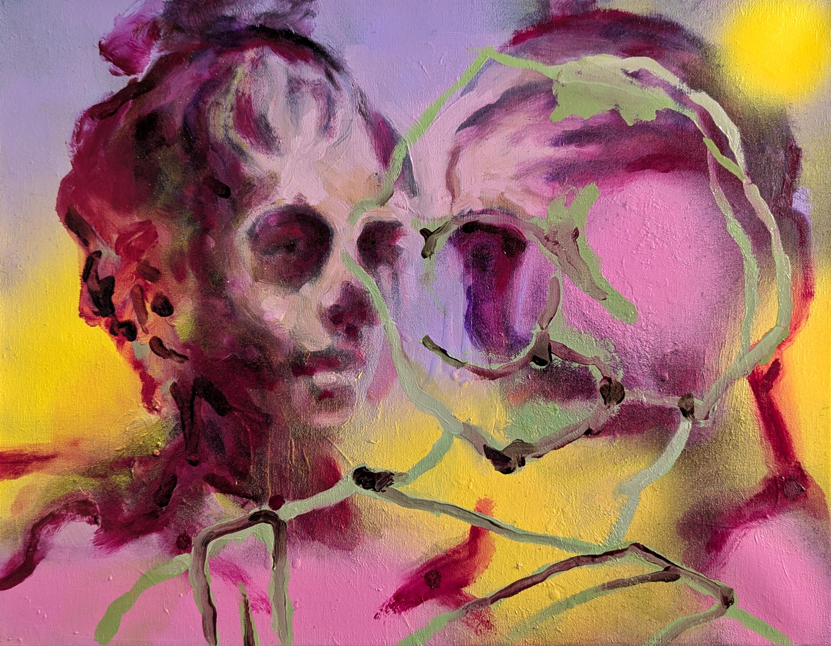 An jarringly colorful abstraction built from images of a terra cotta portrait sculpture, an ancient roman marble bust, and the back of a person’s head in a digital photo.

Dataset: Terra Cotta, Marble, Jpeg, 2025
Oil and Spray Paint on Canvas
14 x