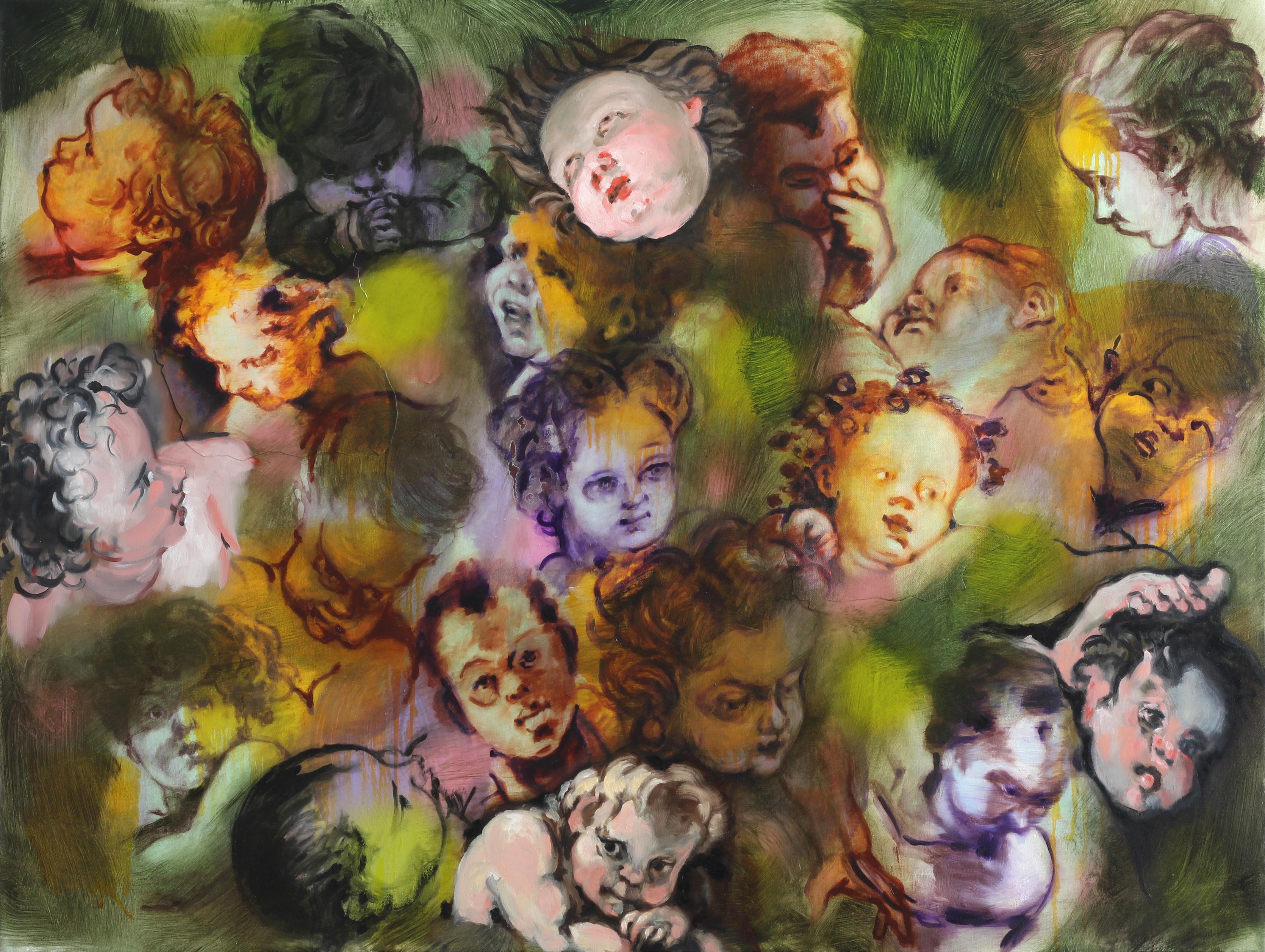 Une vue étrange et kaléidoscopique de vingt-quatre visages d'angelots et de bébés tirés de célèbres peintures européennes.

Ensemble de données : Vingt-quatre têtes de chérubins, de putois, de bébés et d'enfants (Boucher, Pousin, Ruben, Jordaens,