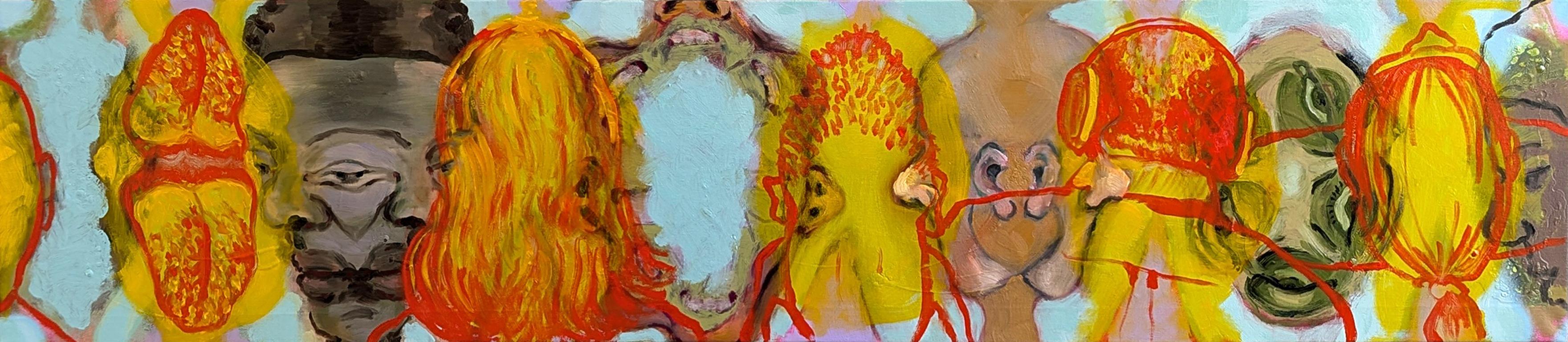 Le visage humain, mélangé et métissé ; une promenade dans la ville.

Horizon facial ; Hallucination faciale, 2025
Huile, acrylique et peinture en aérosol sur toile
12 x 54 in / 30.48 x 137.16 cm

Peter Walshe, artiste basé à Brooklyn, présente sa
