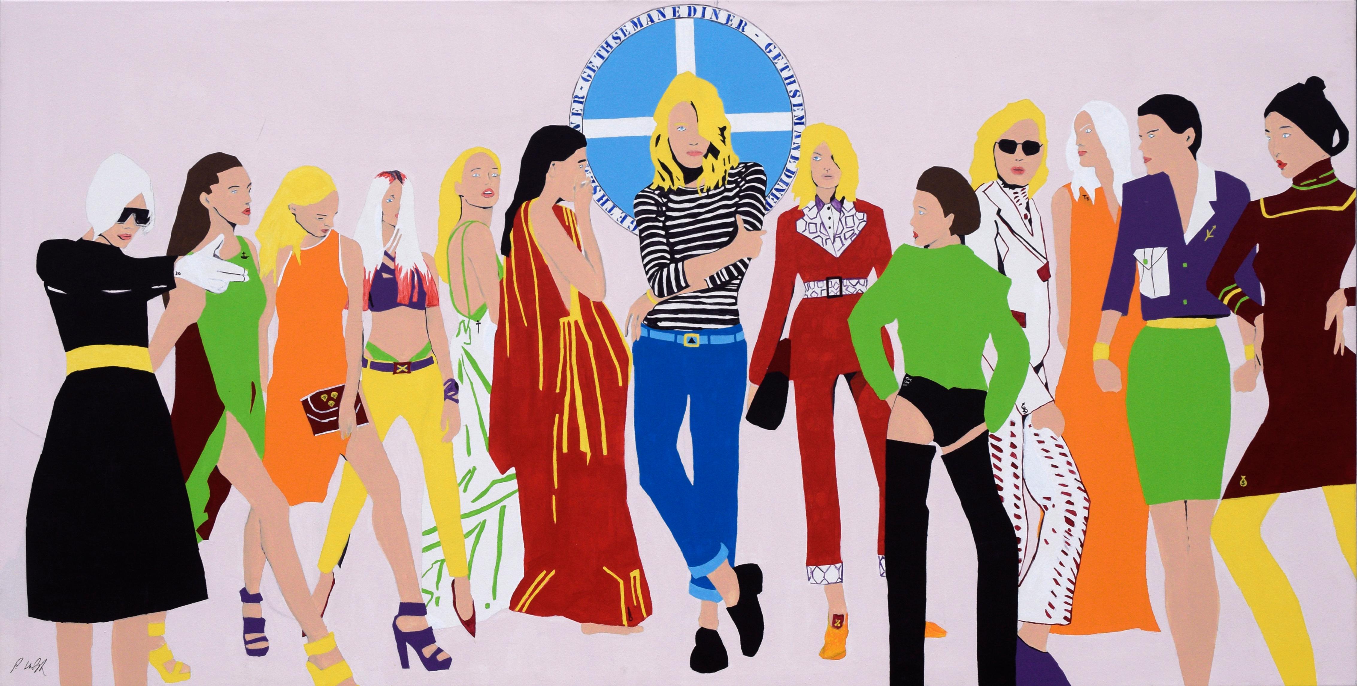 Peter Walsh Figurative Painting - "Jesus Checking in @ Gethsamine Diner with 12 Others" - Large Scale Pop Art