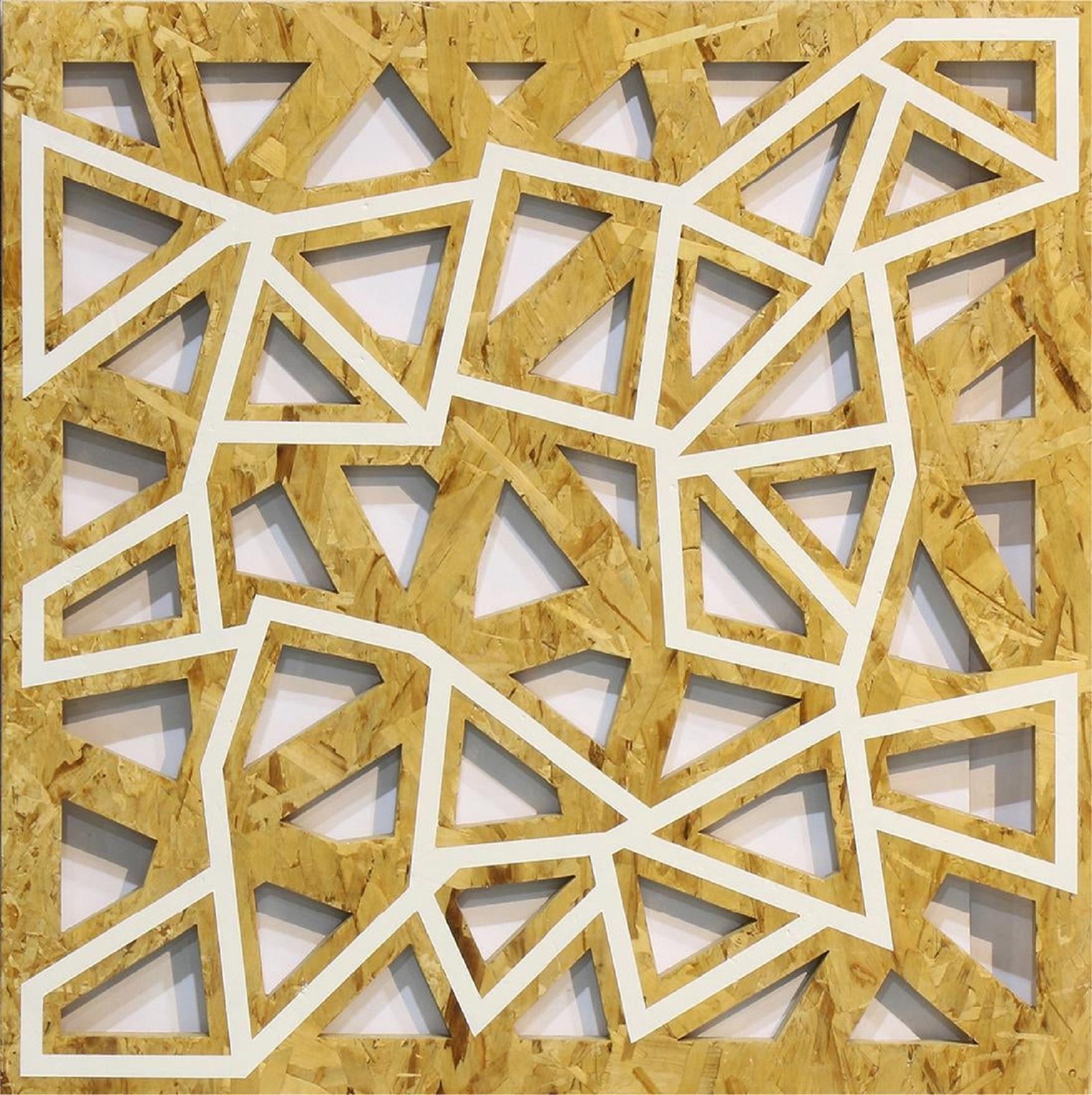 Oil-based alkyd enamel on plywood panel with cuts. this is a cut plywood wall relief sculpture with paint on it. This has an architectural quality to it. 

Peter Wegner (born 1963) is an American artist whose works consist of painting, photograph,
