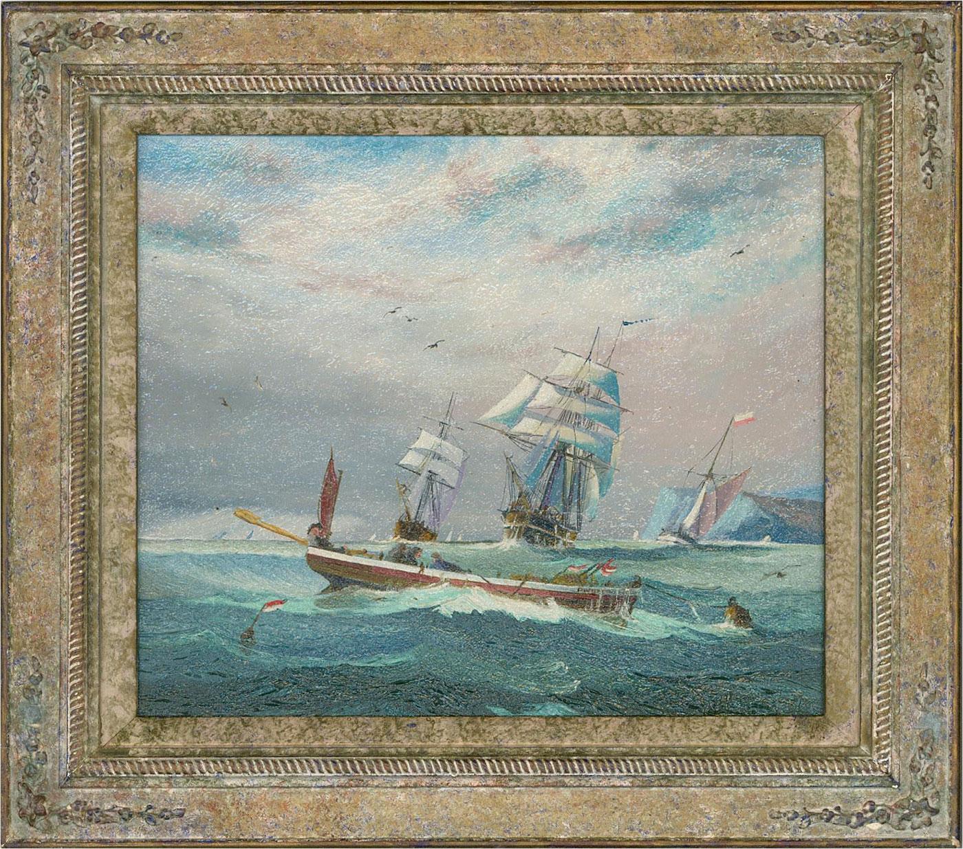 A seascape depicting a rowing boat crossing the waves with larger clipper ships in the background. Presented in a distressed gilt-effect wooden frame. The signature is etched into the paint at the lower-right edge. On canvas on stretchers.
