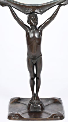 Art Nouveau Bronze Standing Mirror "Naked Youth"  German 1900s