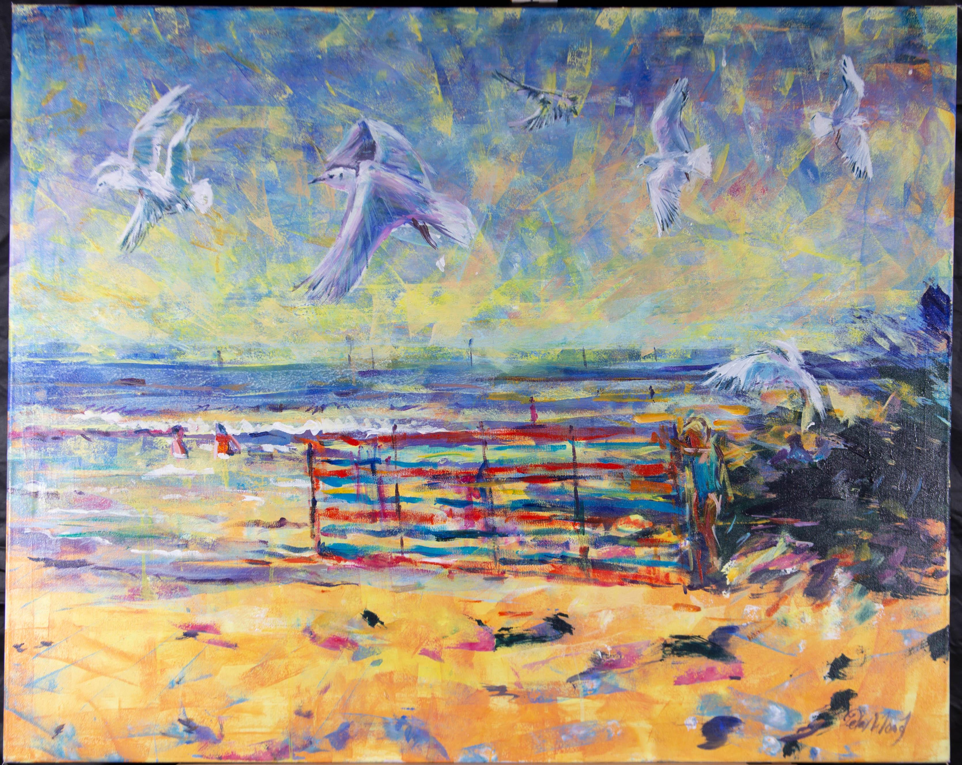 A striking contemporary acrylic beach scene in a rainbow array of colours. The artist has signed to the lower right corner. The painting is on canvas over stretchers.
